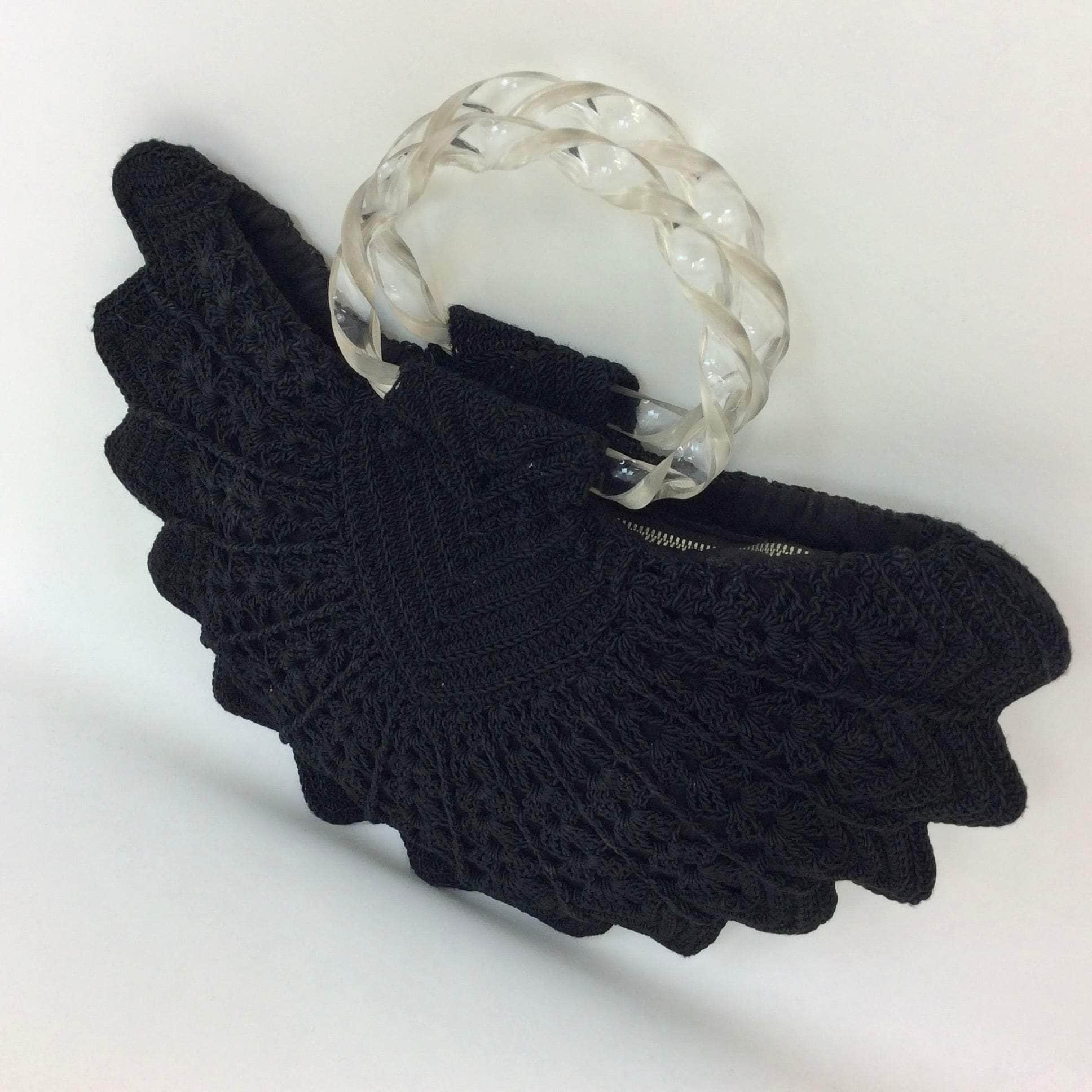 1940s Black Crochet Handbag with Lucite Handles - Image 3