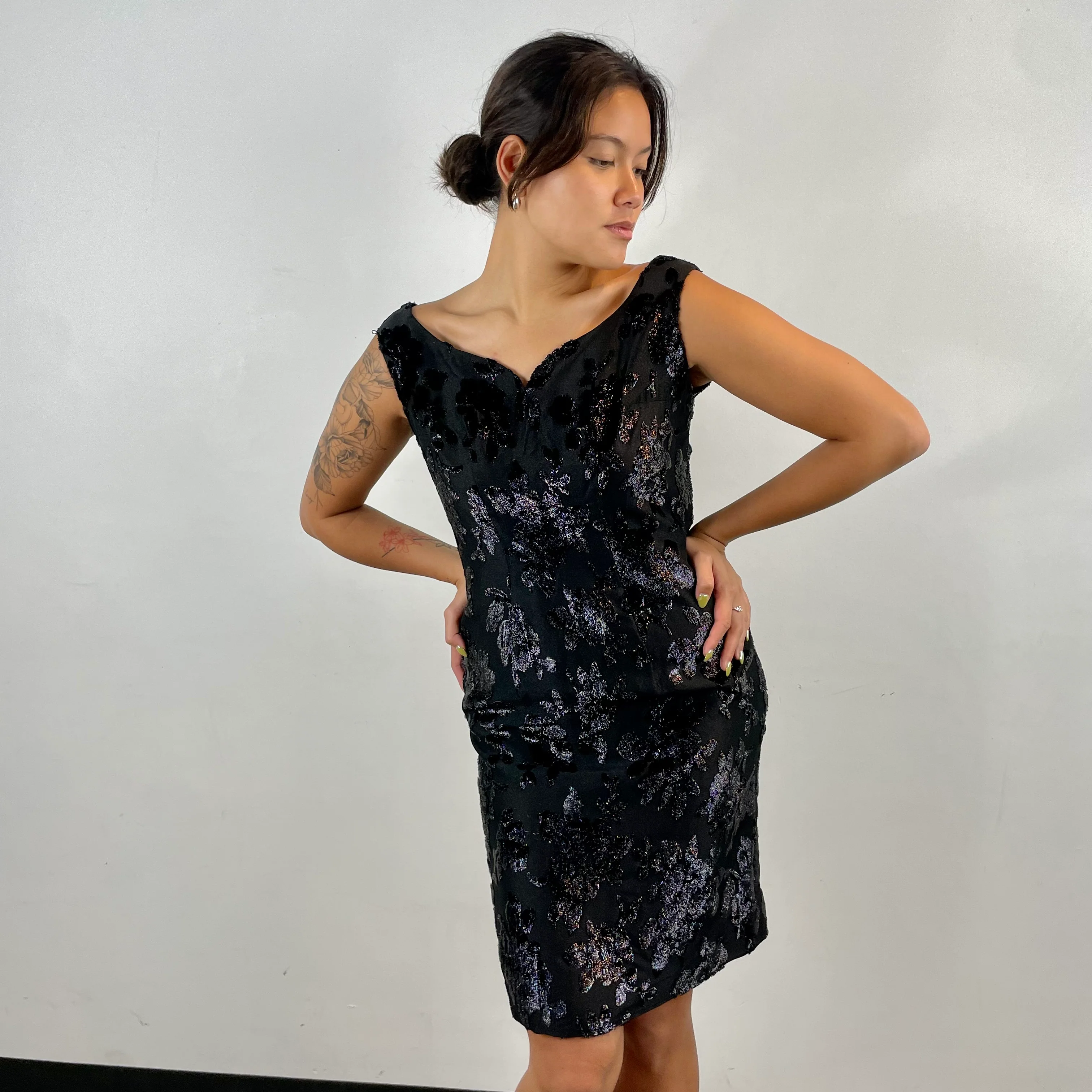 1950s-1960s Floral Brocade Black Cocktail Dress Medium