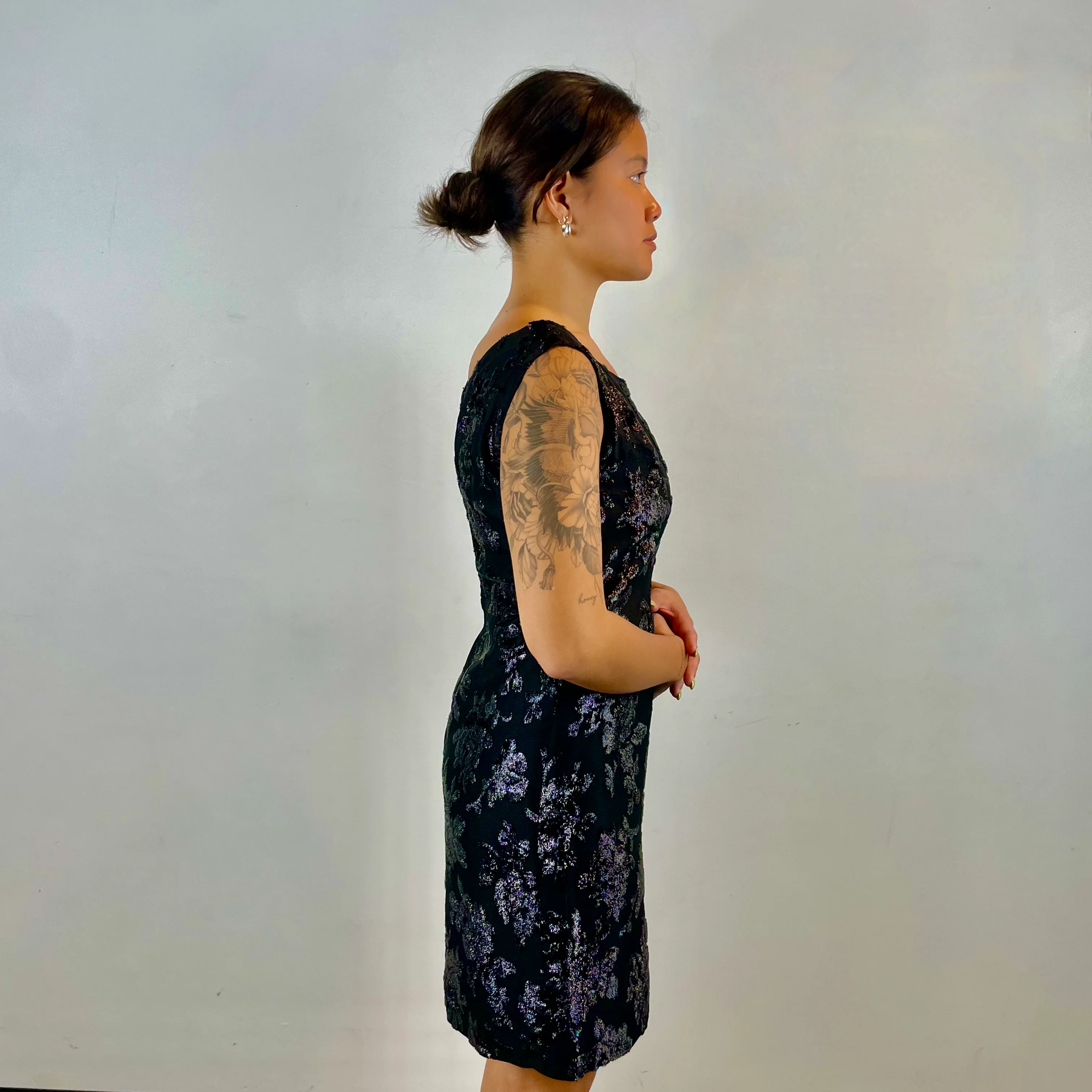 1950s-1960s Floral Brocade Black Cocktail Dress Medium - Image 2