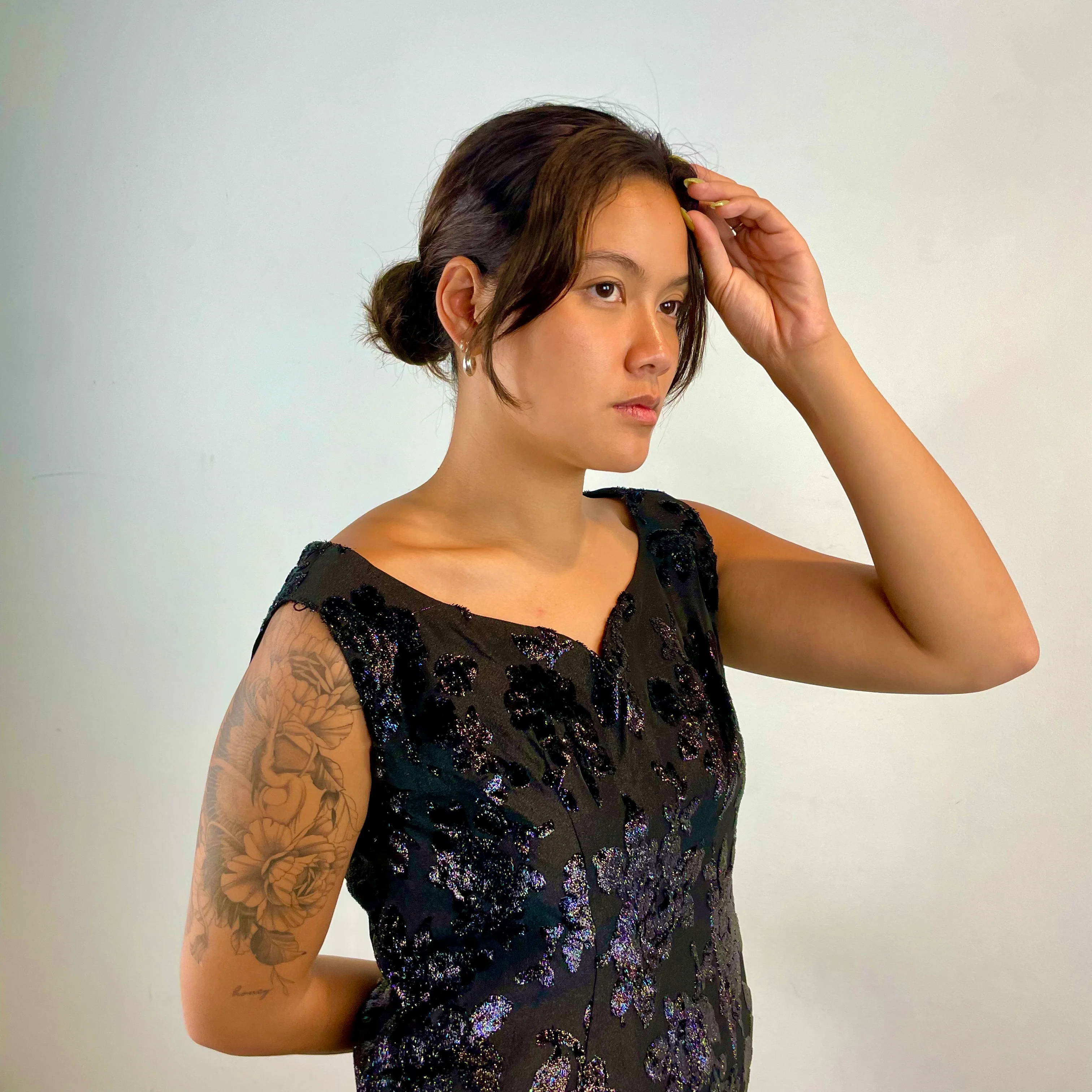 1950s-1960s Floral Brocade Black Cocktail Dress Medium - Image 5