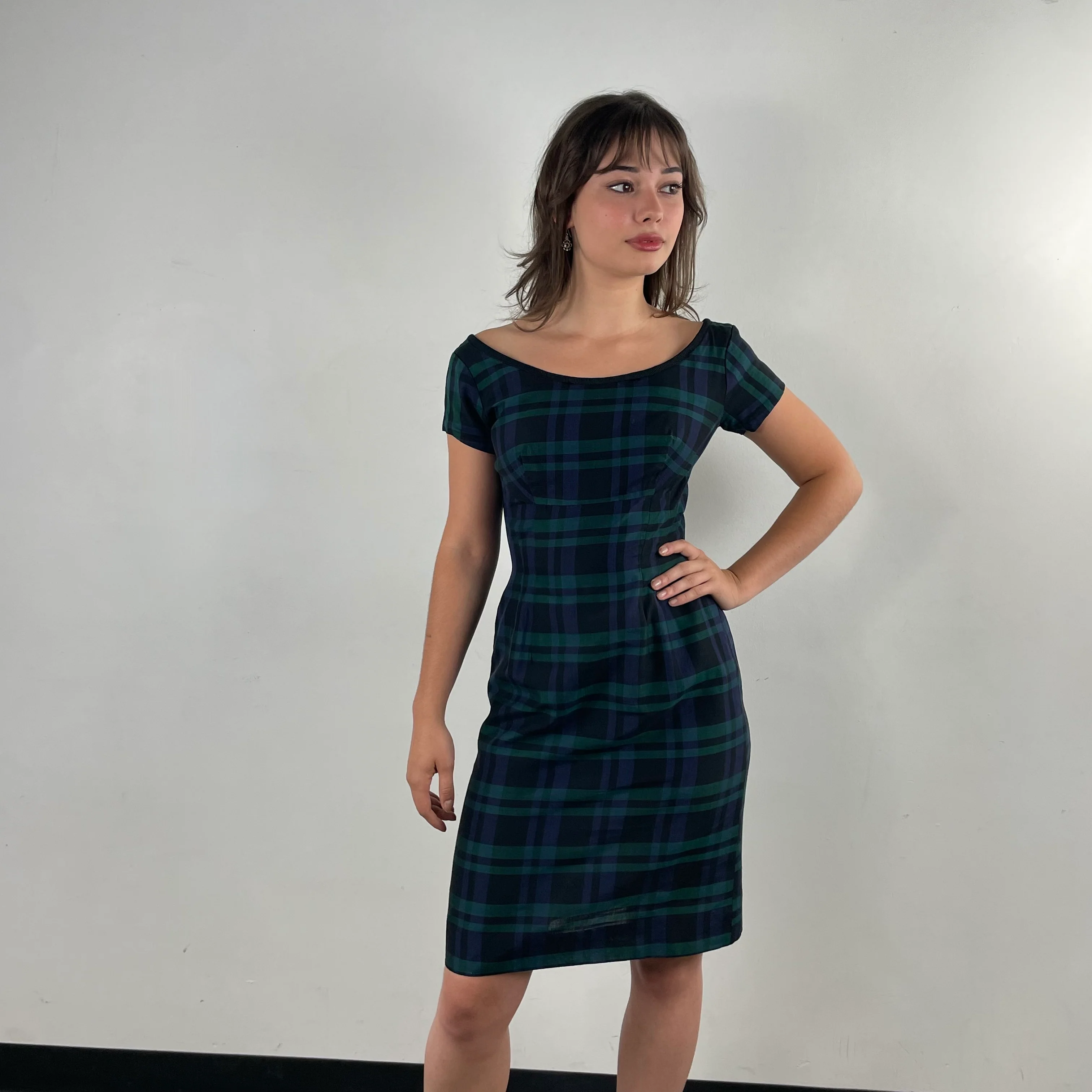1950s-1960s Short Sleeve Fitted Plaid Dress Small