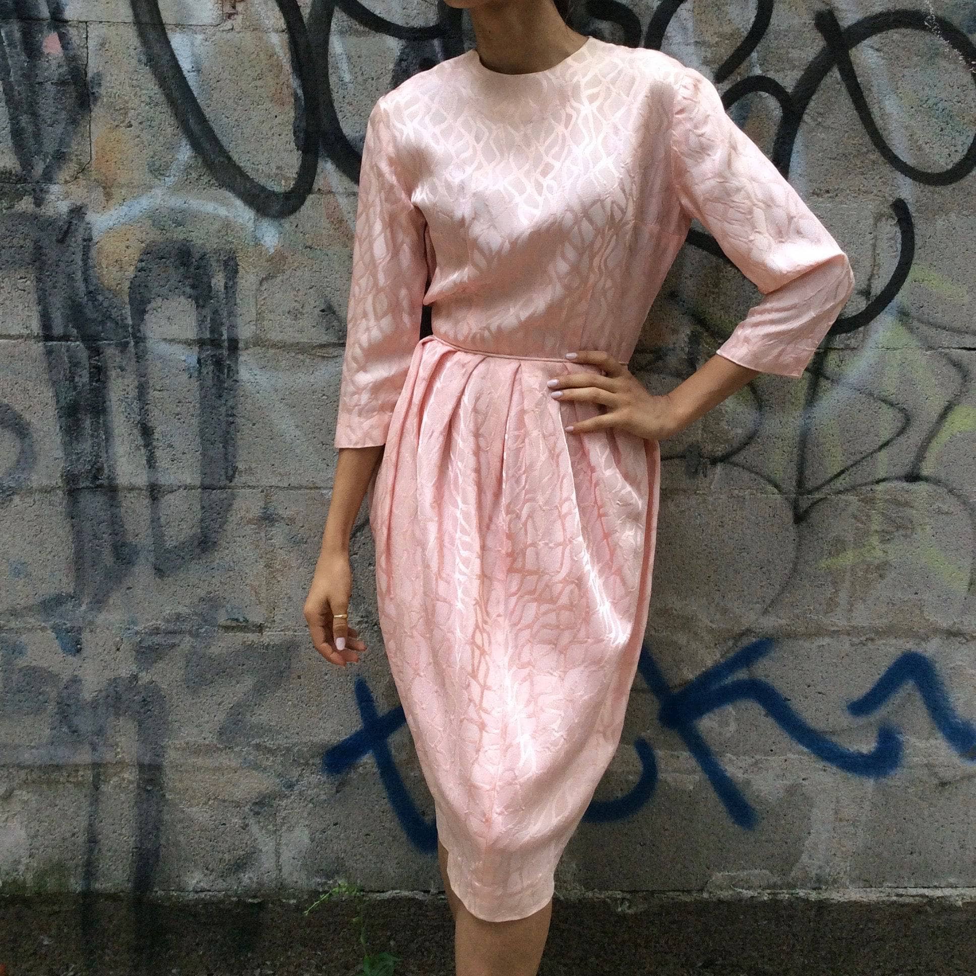 1950s 3/4 Sleeve Tulip Shape Satin Brocade Dress Small - Image 2