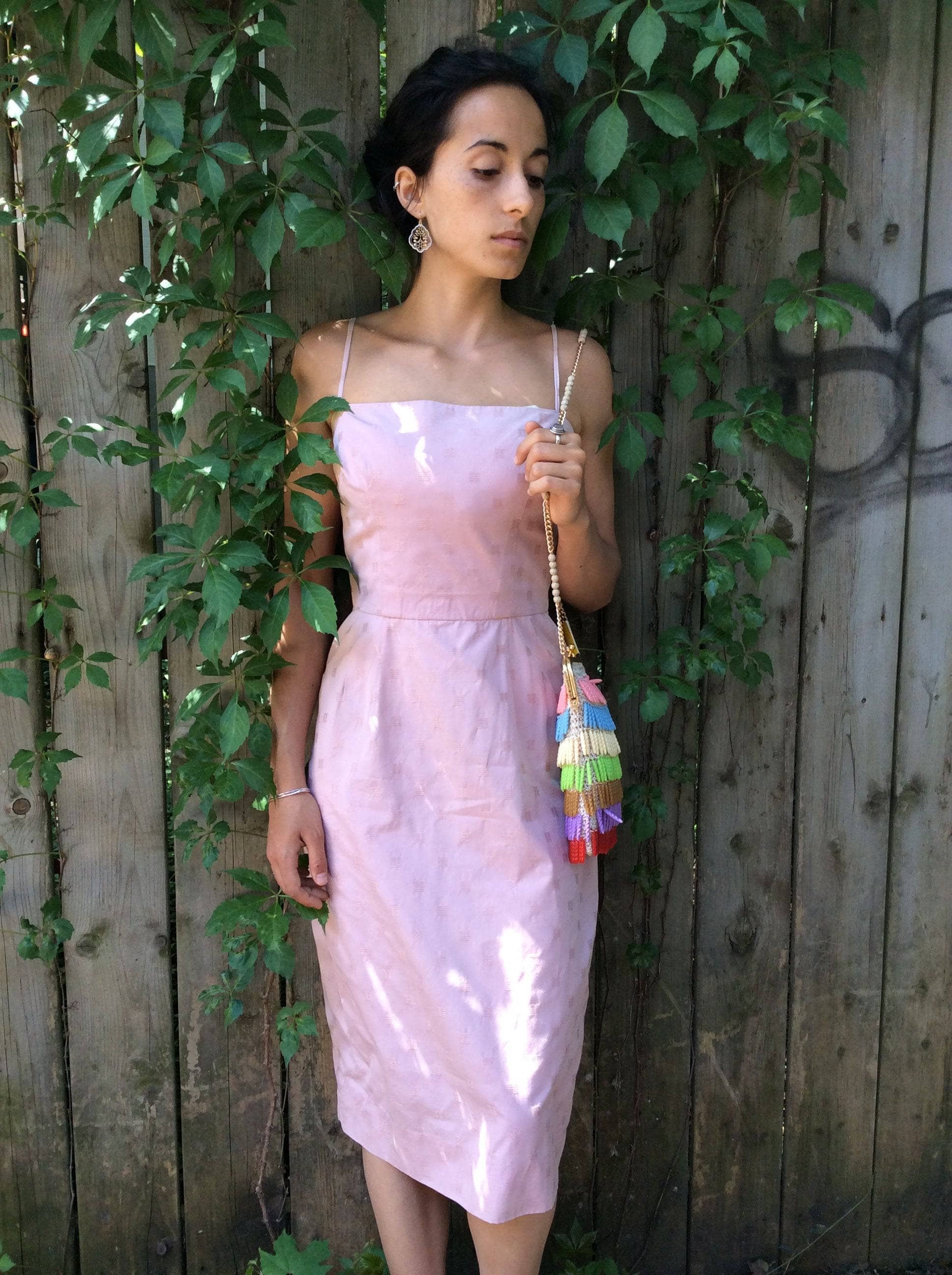 1950s/60s Antique Rose Cotton Jacquard Midi Slip Dress S - Image 4
