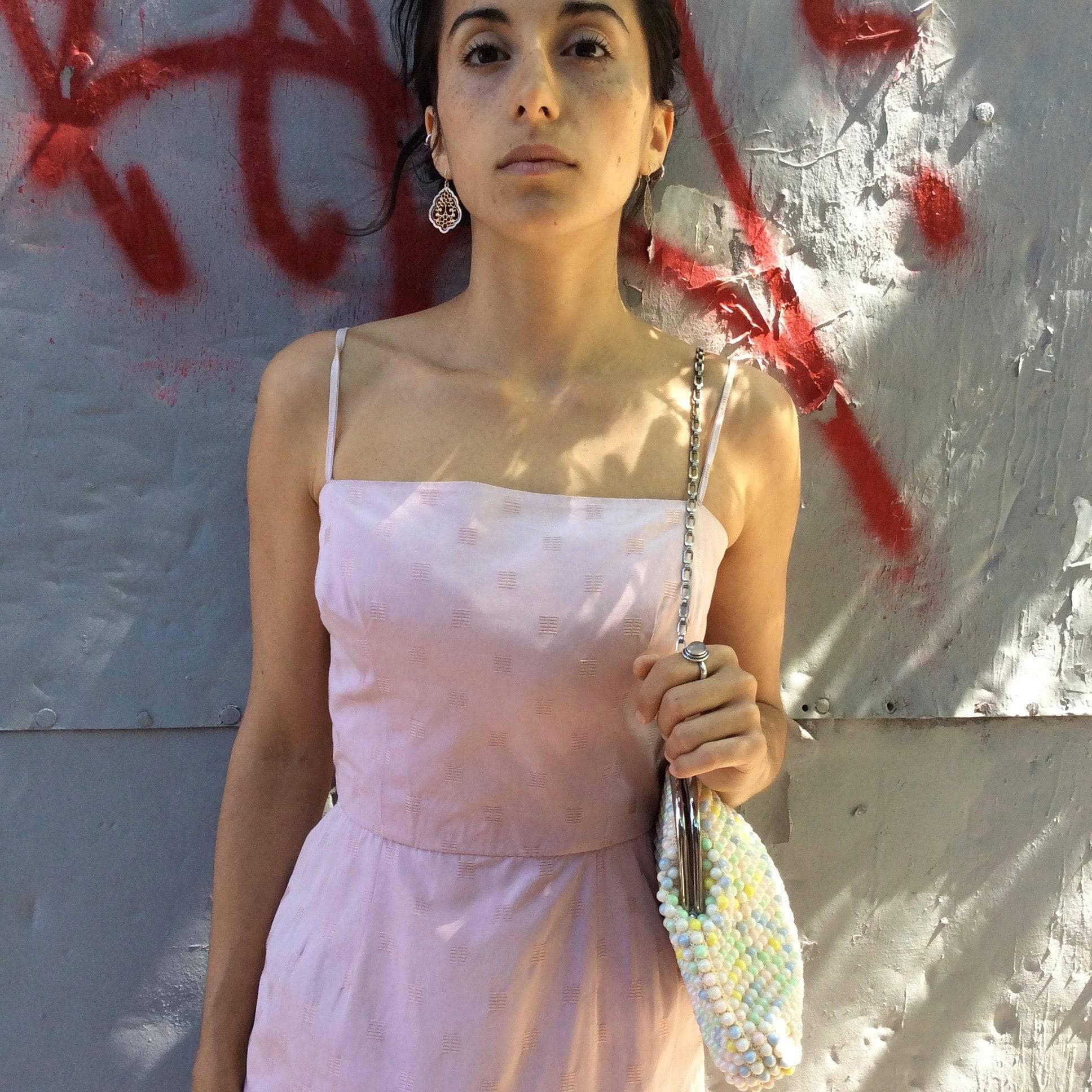 1950s/60s Antique Rose Cotton Jacquard Midi Slip Dress S - Image 5