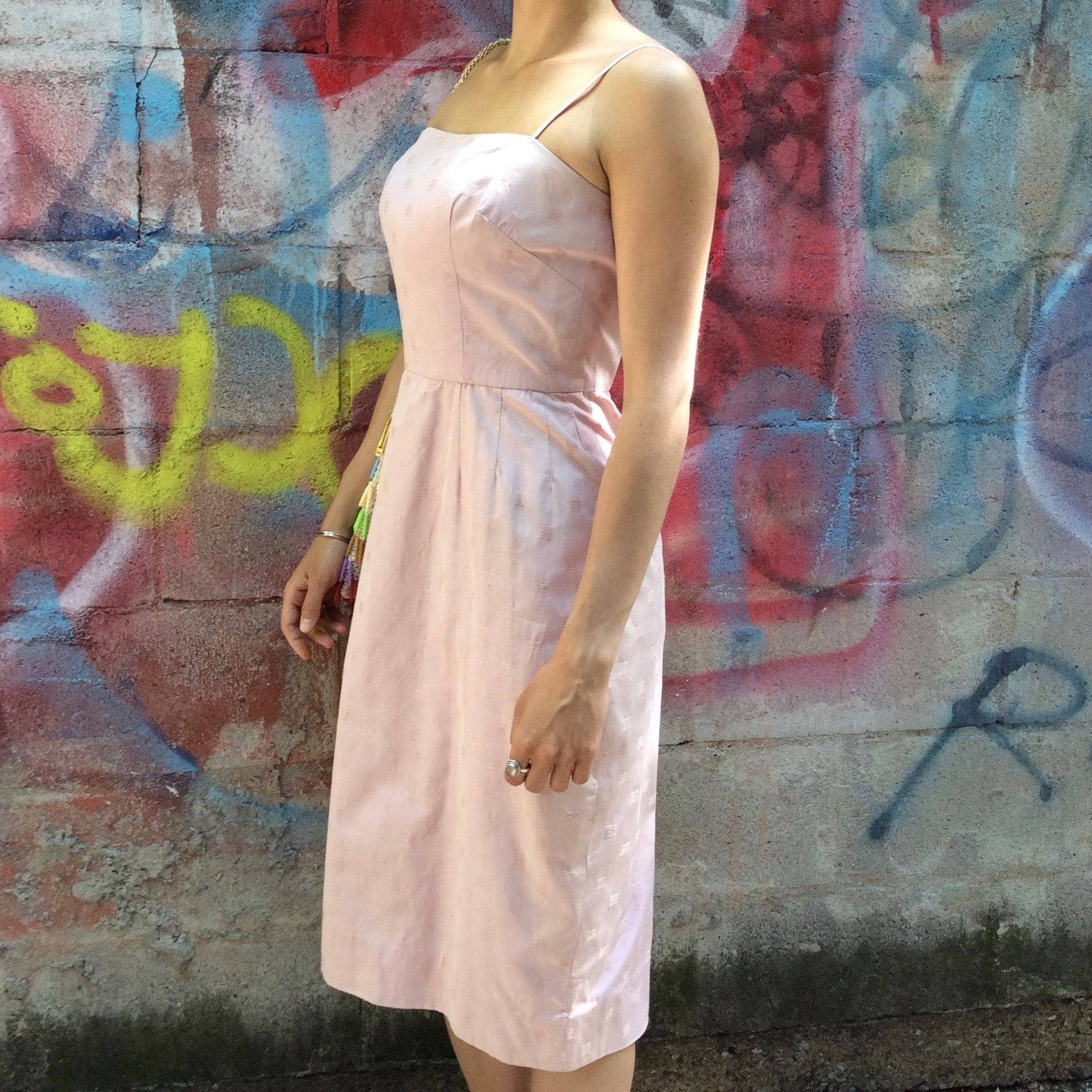 1950s/60s Antique Rose Cotton Jacquard Midi Slip Dress S - Image 7