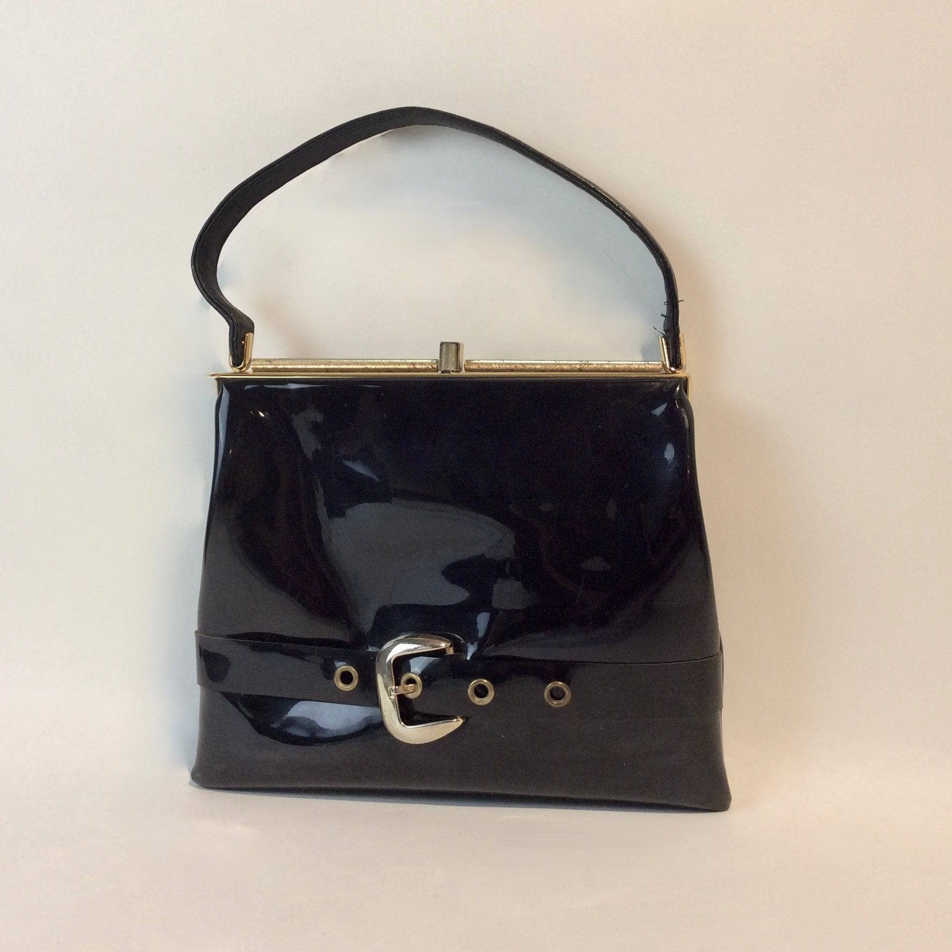 1950s-60s Black Patent Leather Handbag with Decorative Buckle Strap