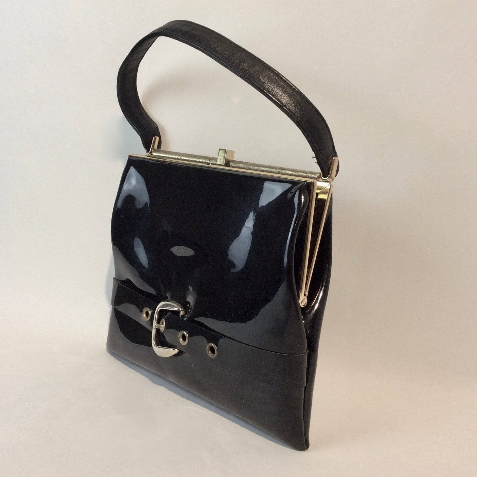1950s-60s Black Patent Leather Handbag with Decorative Buckle Strap - Image 2