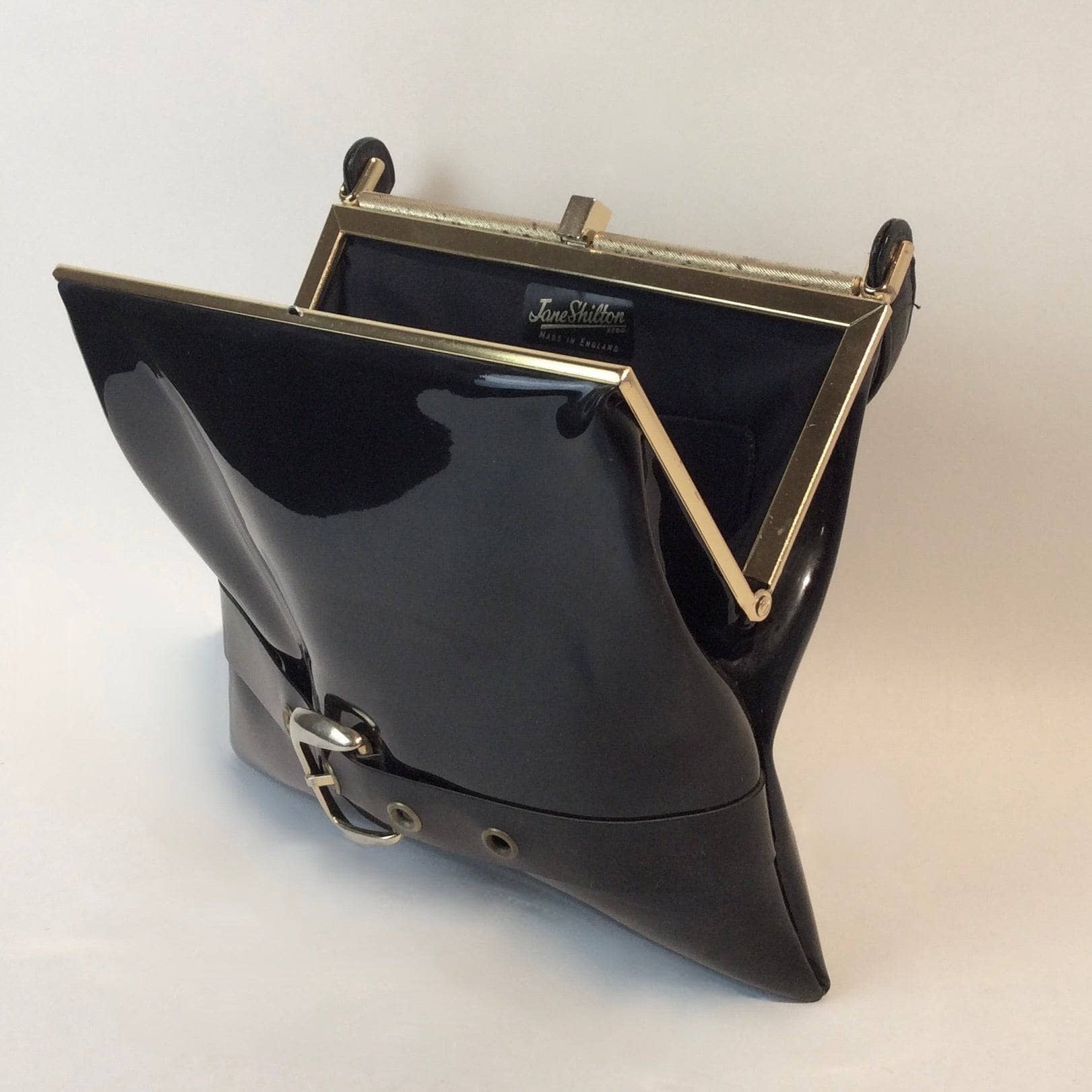 1950s-60s Black Patent Leather Handbag with Decorative Buckle Strap - Image 3