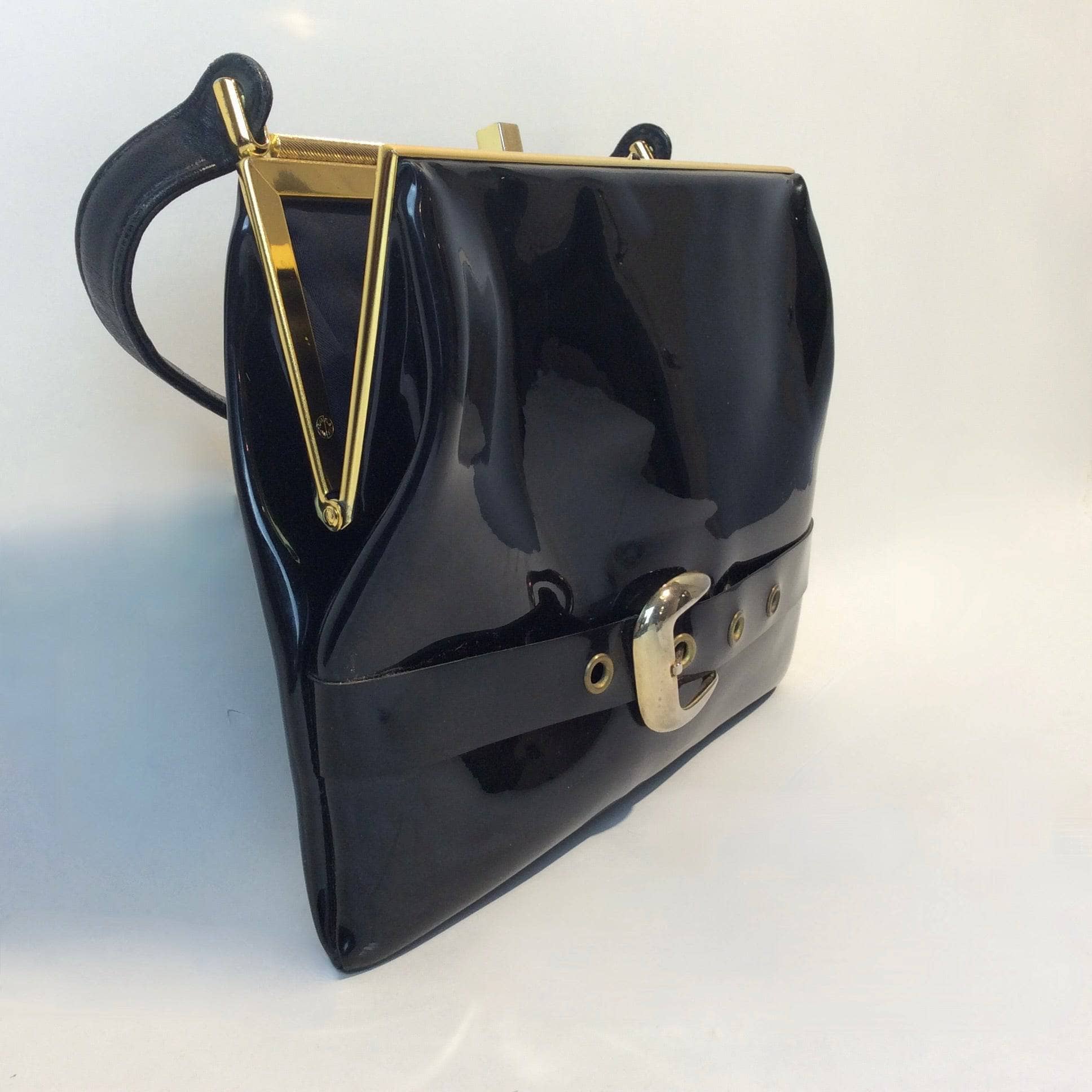 1950s-60s Black Patent Leather Handbag with Decorative Buckle Strap - Image 5