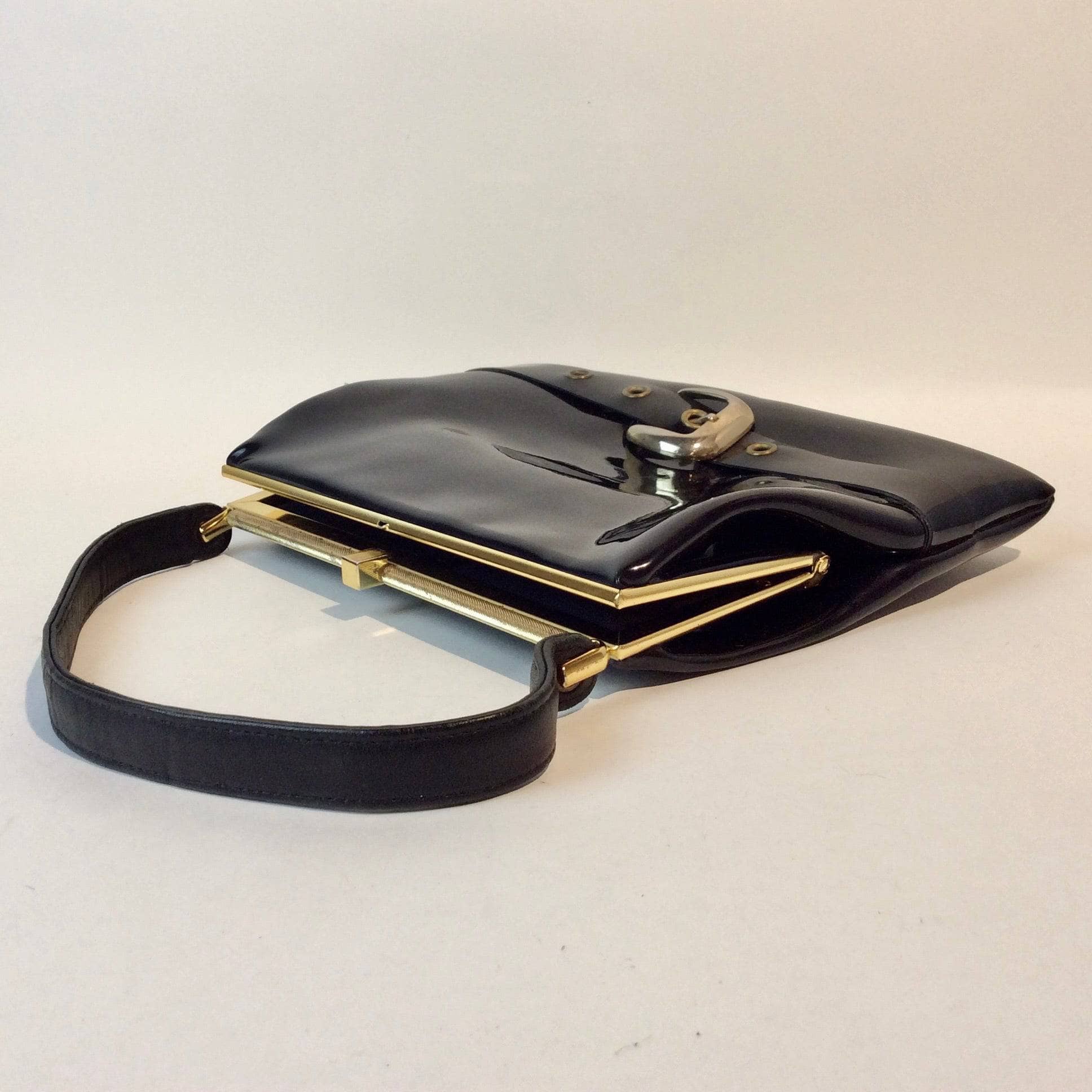 1950s-60s Black Patent Leather Handbag with Decorative Buckle Strap - Image 6