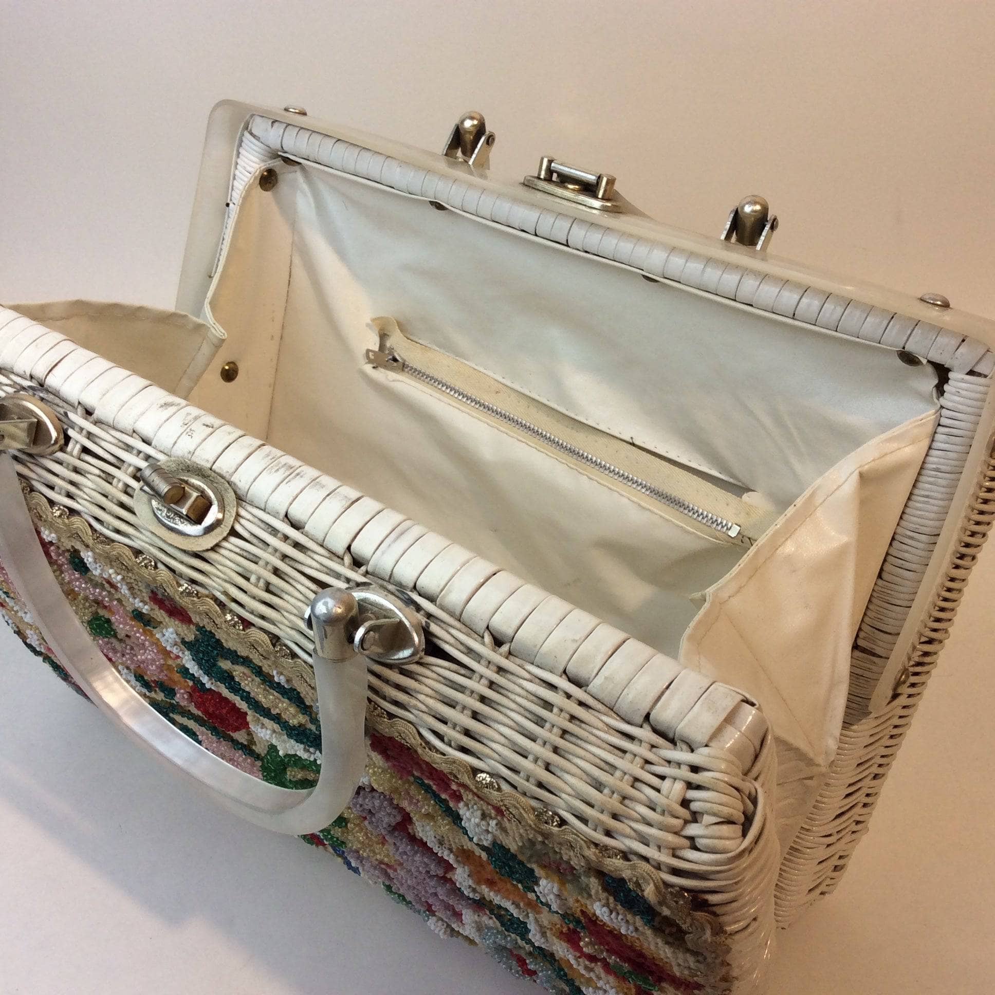 1950s-60s Floral Needlepoint Wicker Basket Purse - Image 5