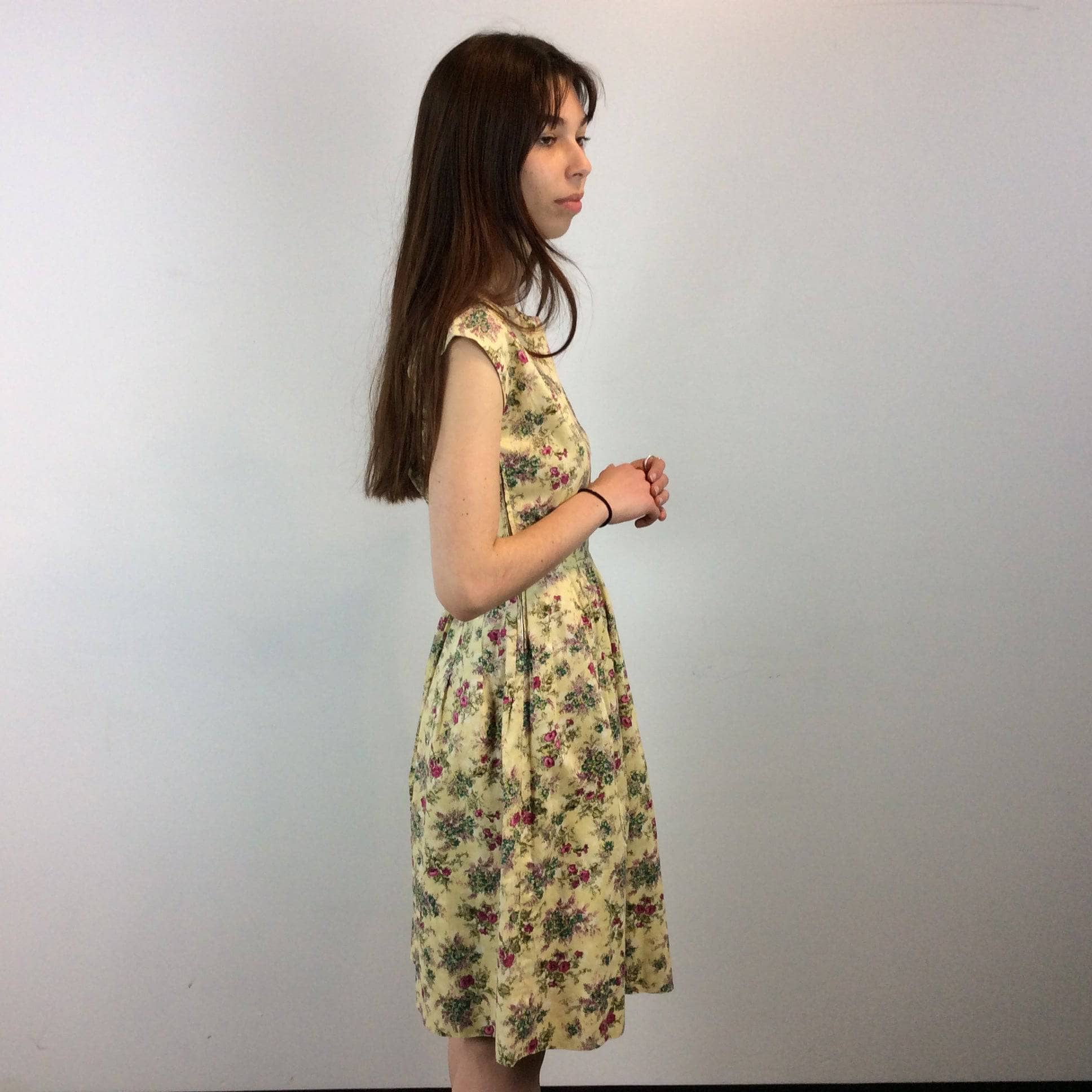 1950s-60s Floral Print Yellow Cotton Petite Dress and Bolero Set  XS/S - Image 3