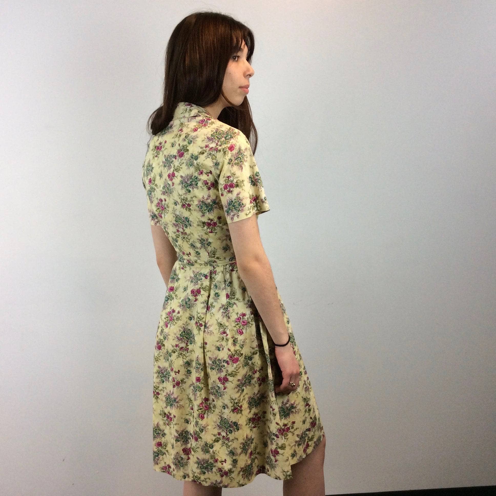 1950s-60s Floral Print Yellow Cotton Petite Dress and Bolero Set  XS/S - Image 8
