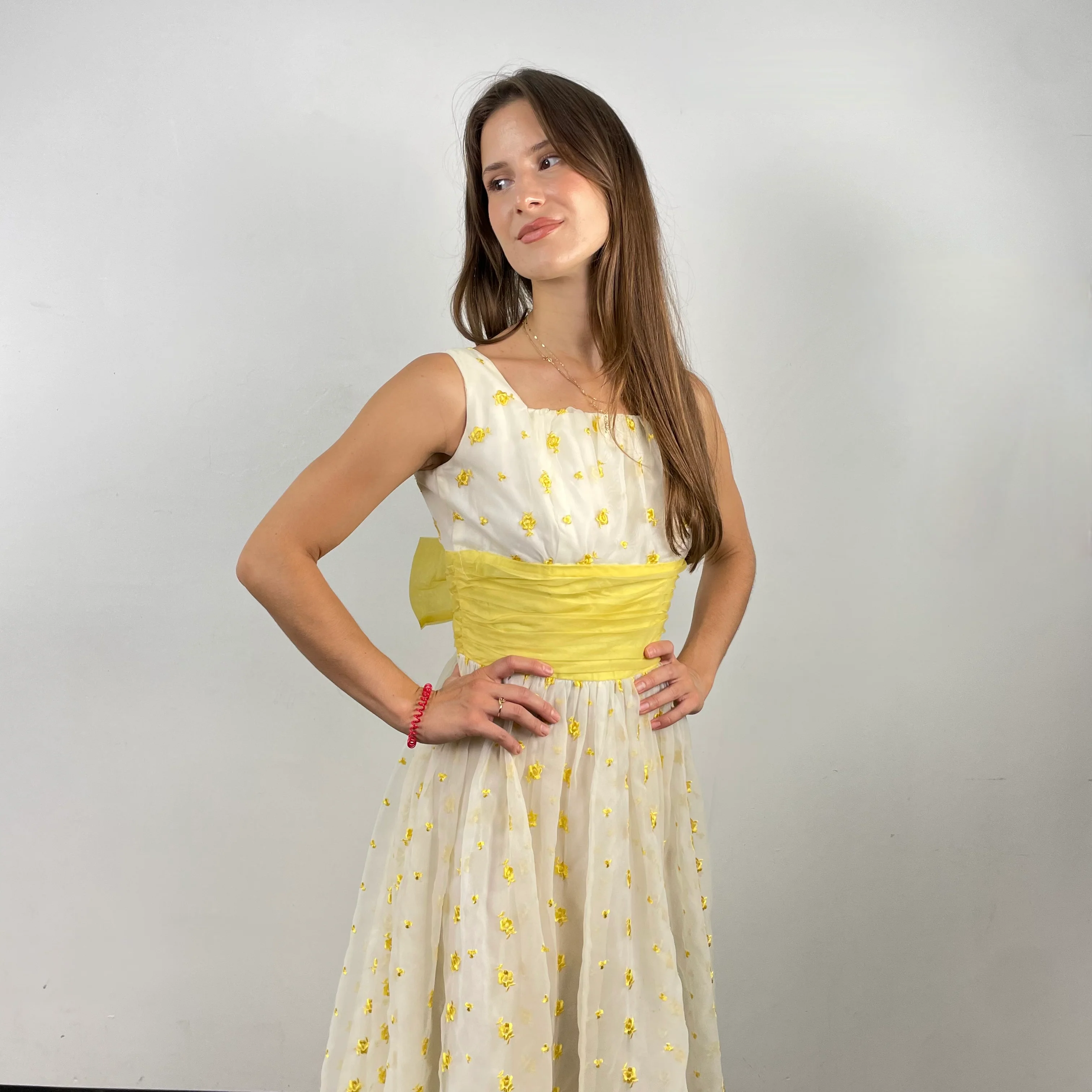 1950s-60s Square Neck Embroidered Organza Gown Small - Image 3