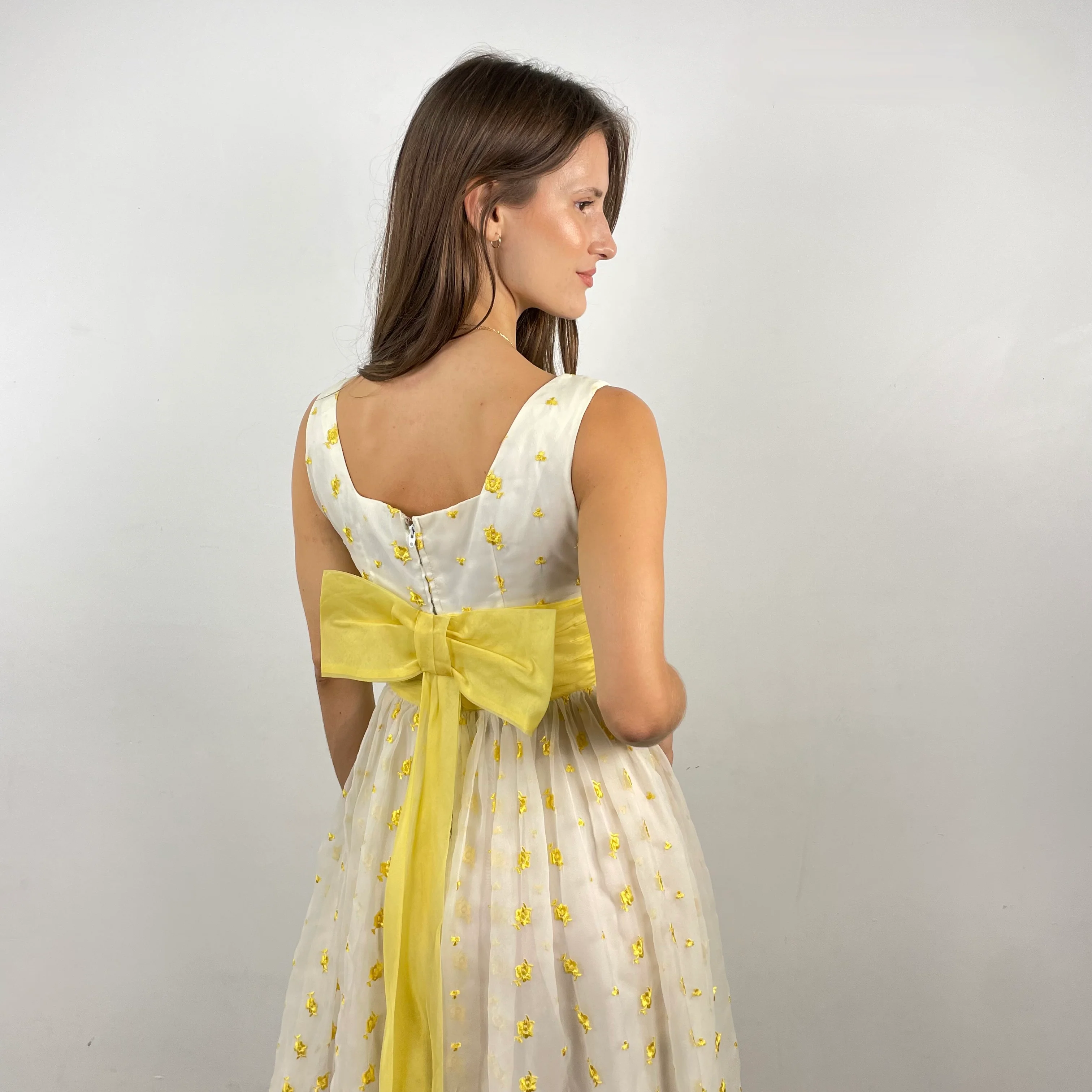 1950s-60s Square Neck Embroidered Organza Gown Small - Image 4