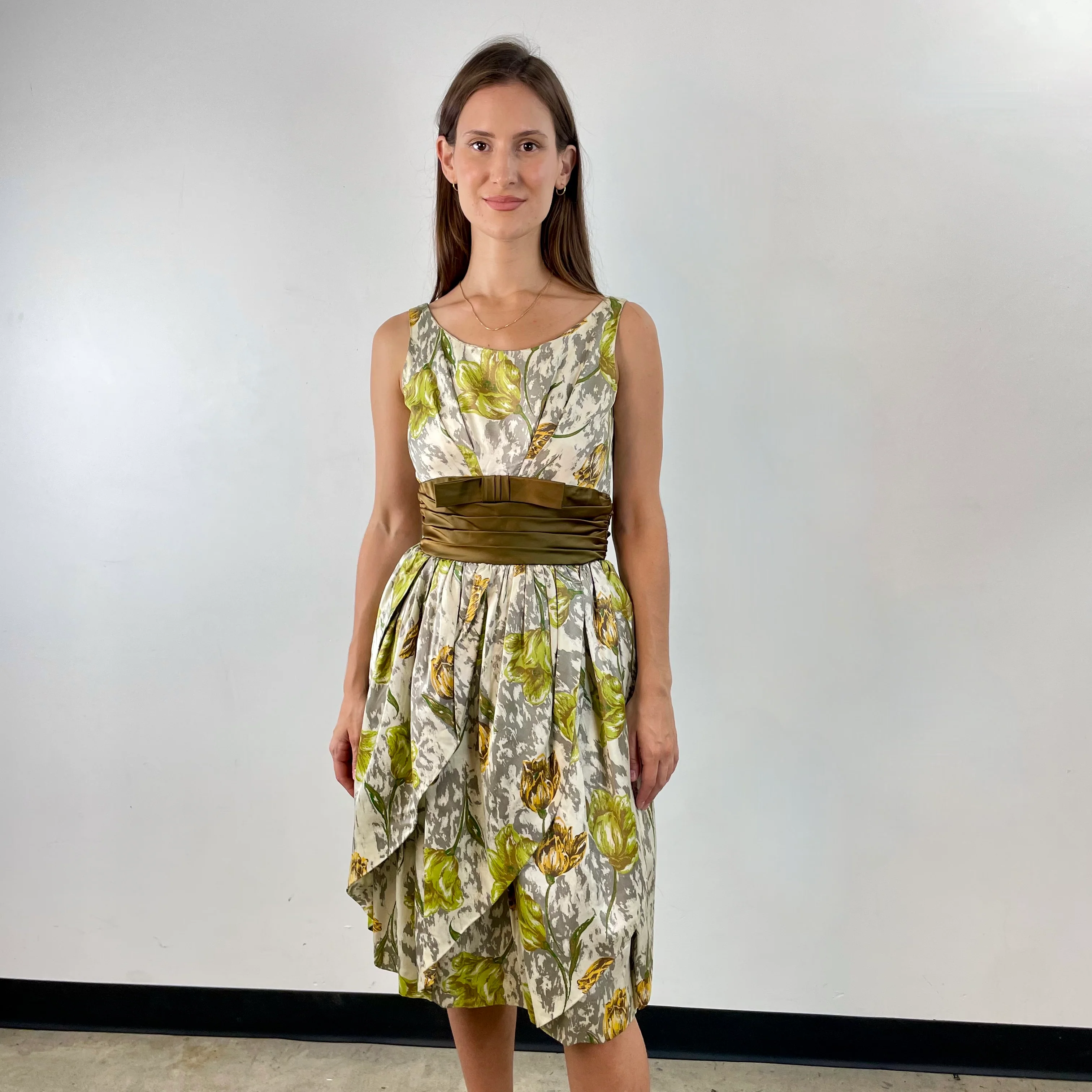 1950s-60s Tulip Shape Satin Cocktail Dress Small