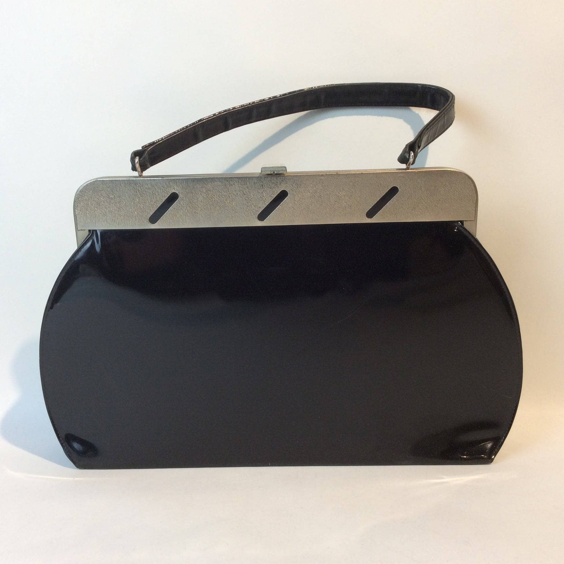 1950s Black Faux Patent Leather Oversized Frame Bag