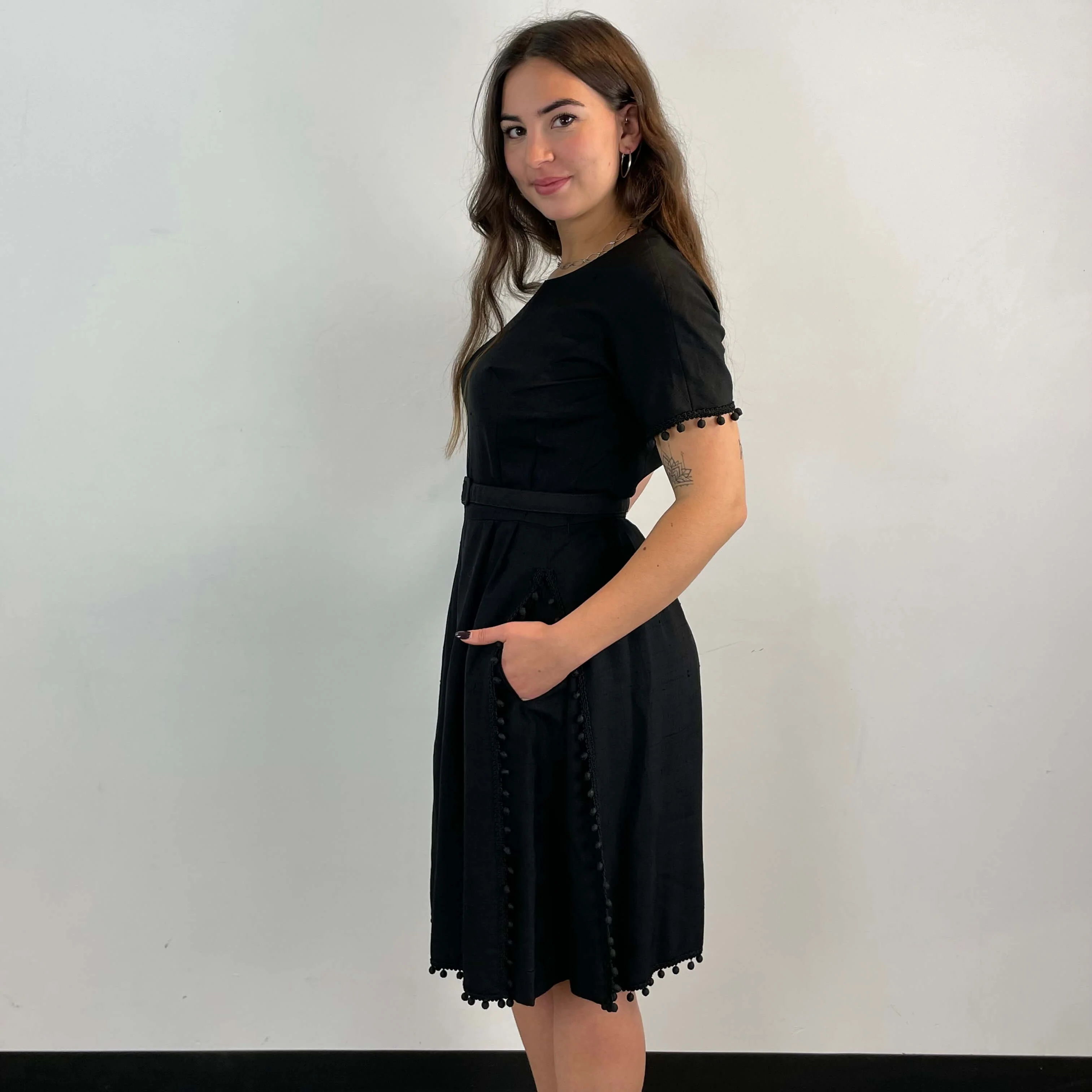1950s Black Short-Sleeve Cocktail Dress Medium - Image 6