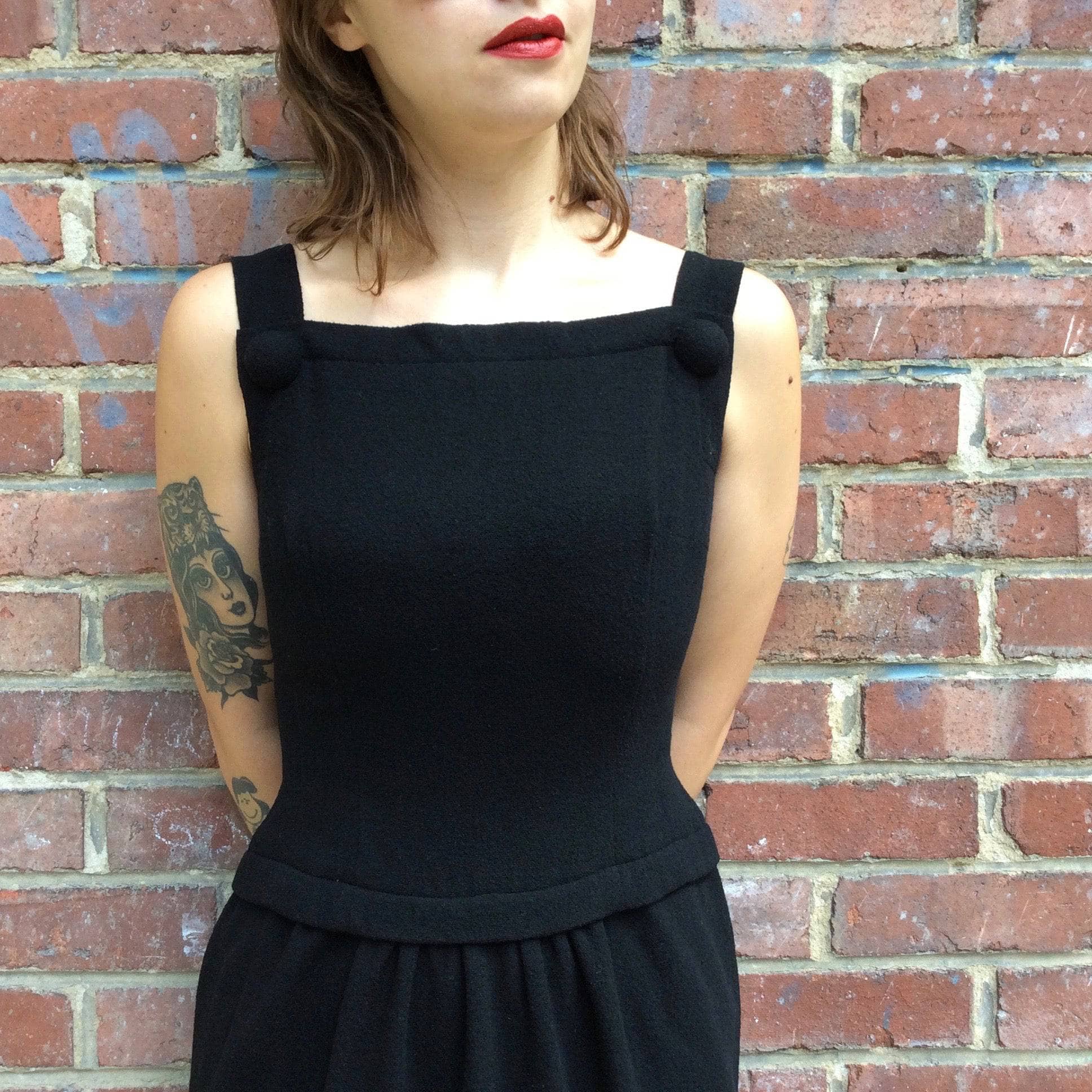 1950s Black Sleeveless Wool Cocktail Dress Small - Image 5