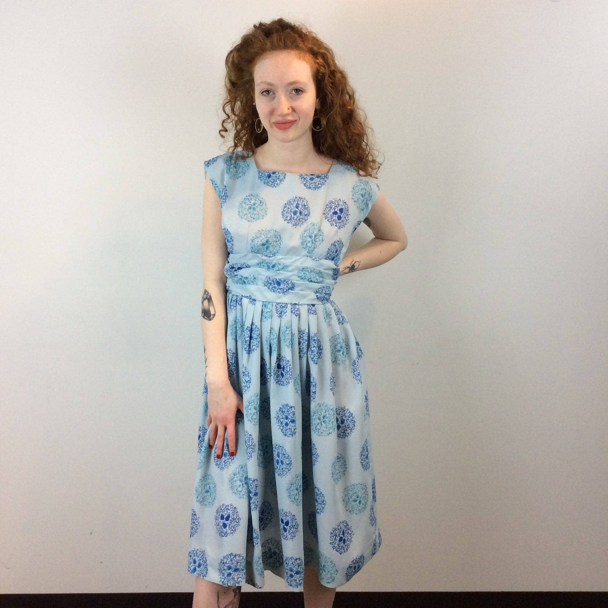 1950s Blue Square-Neck Summer Dress Small - Image 3