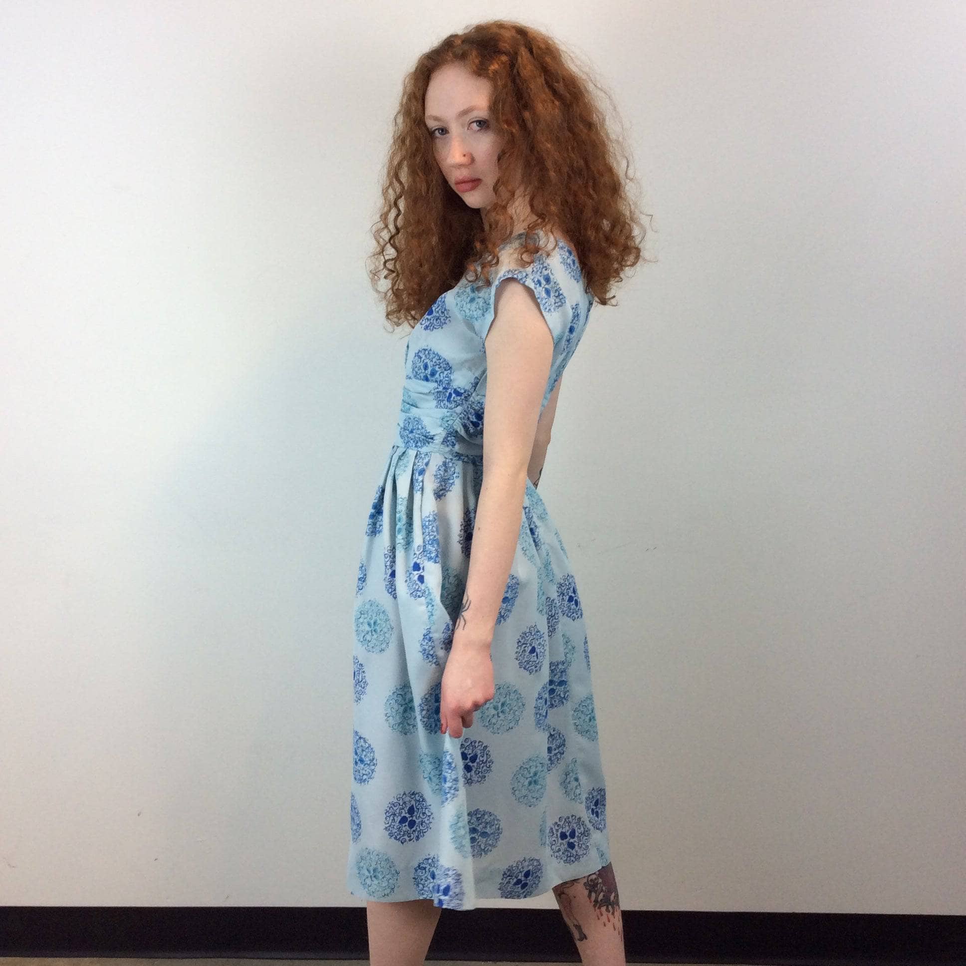 1950s Blue Square-Neck Summer Dress Small - Image 4