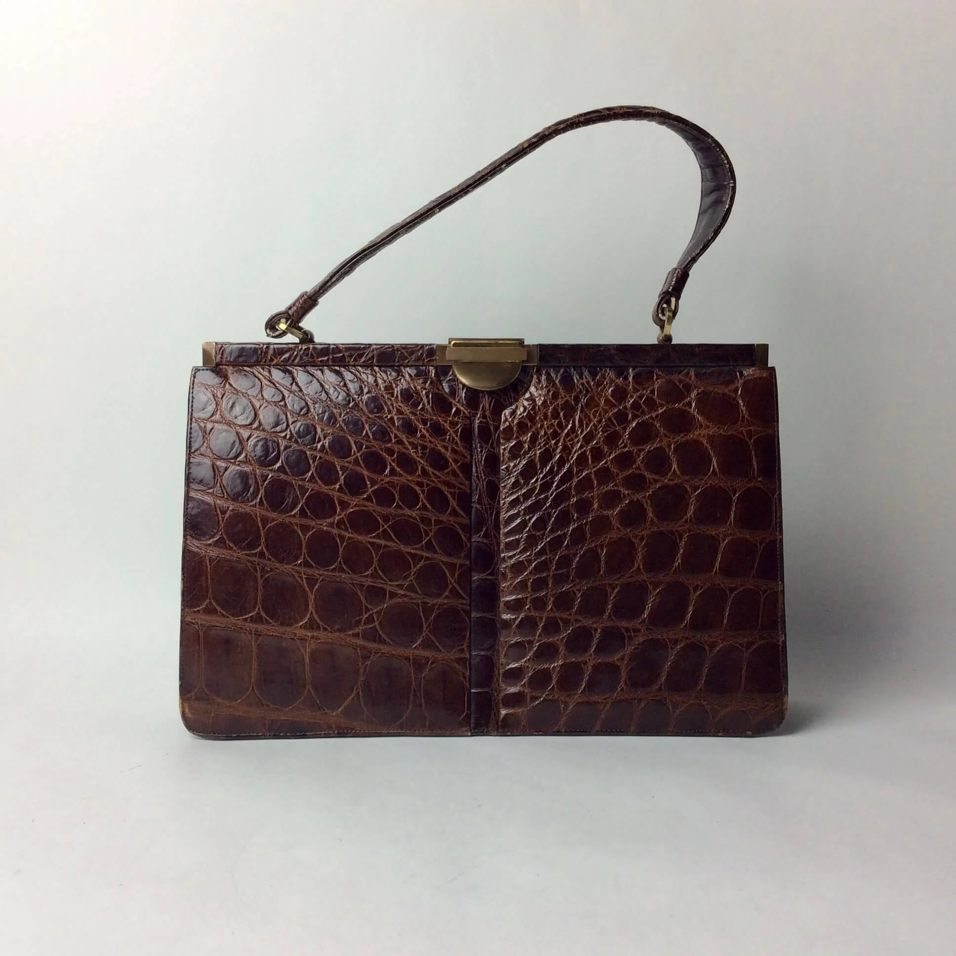 1950s Brown Alligator Leather Frame Handbag