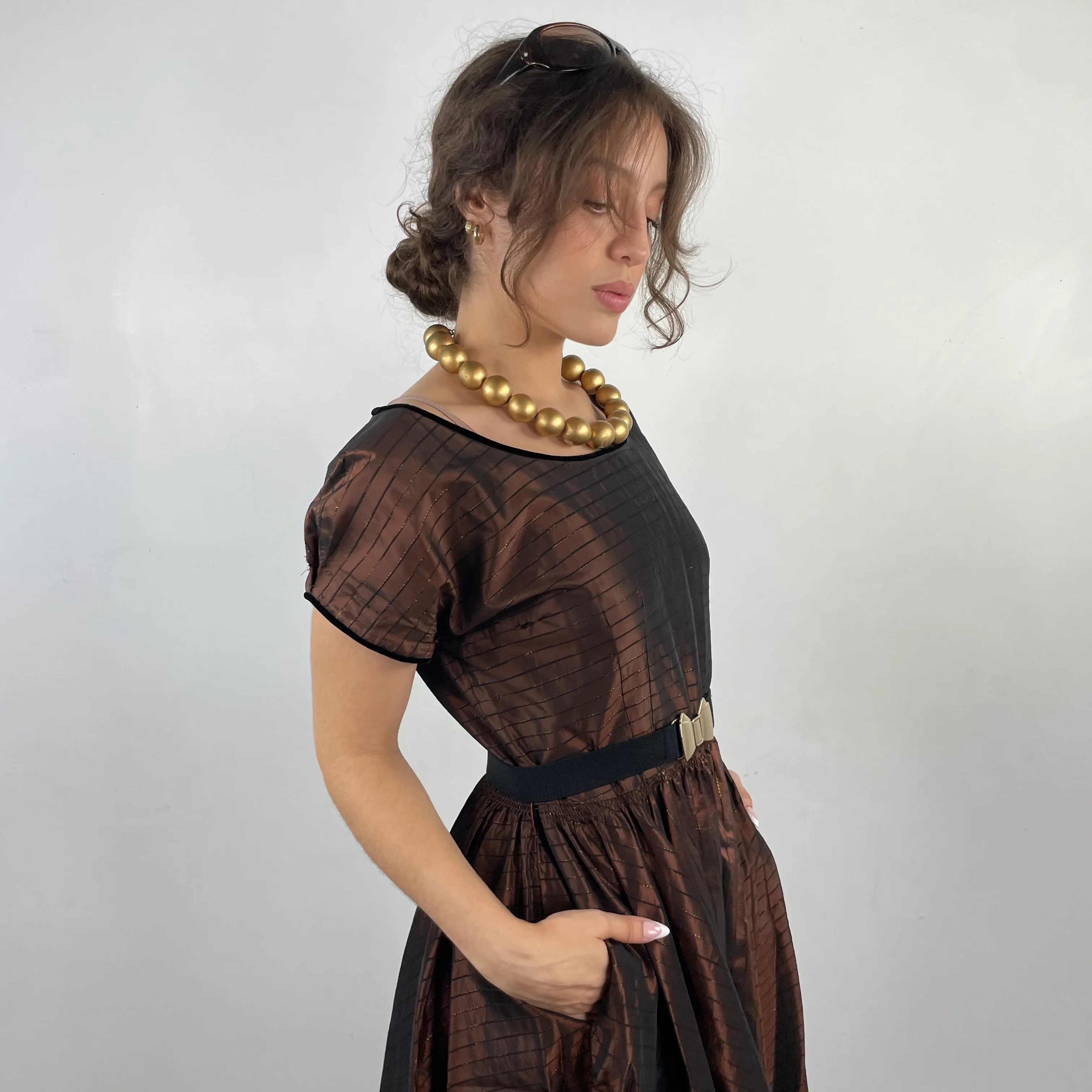 1950s Brown Striped Taffeta Full Skirt Dress Small