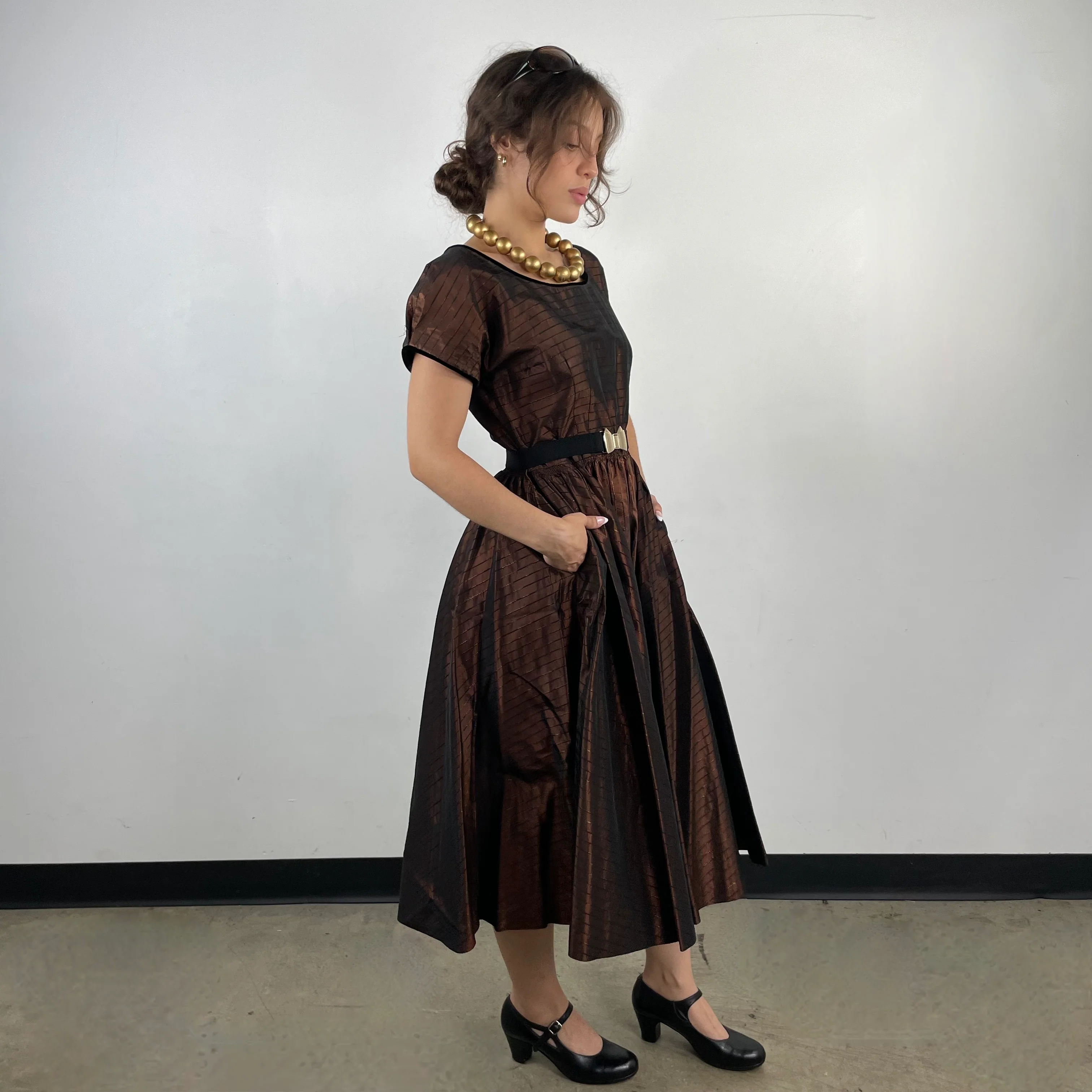 1950s Brown Striped Taffeta Full Skirt Dress Small - Image 2