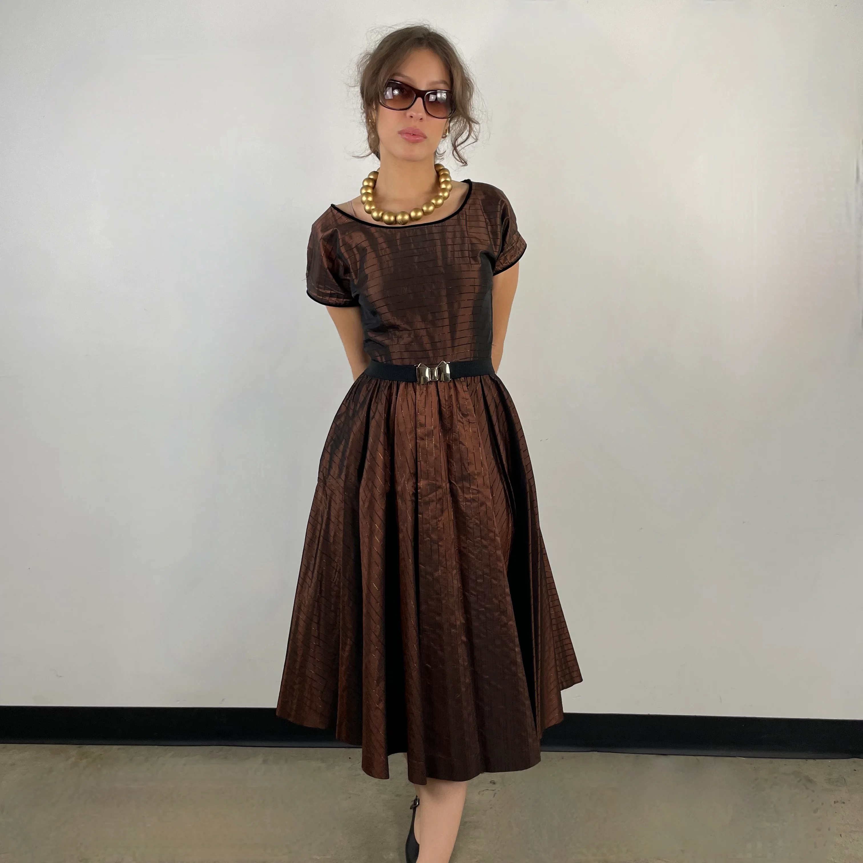 1950s Brown Striped Taffeta Full Skirt Dress Small - Image 3
