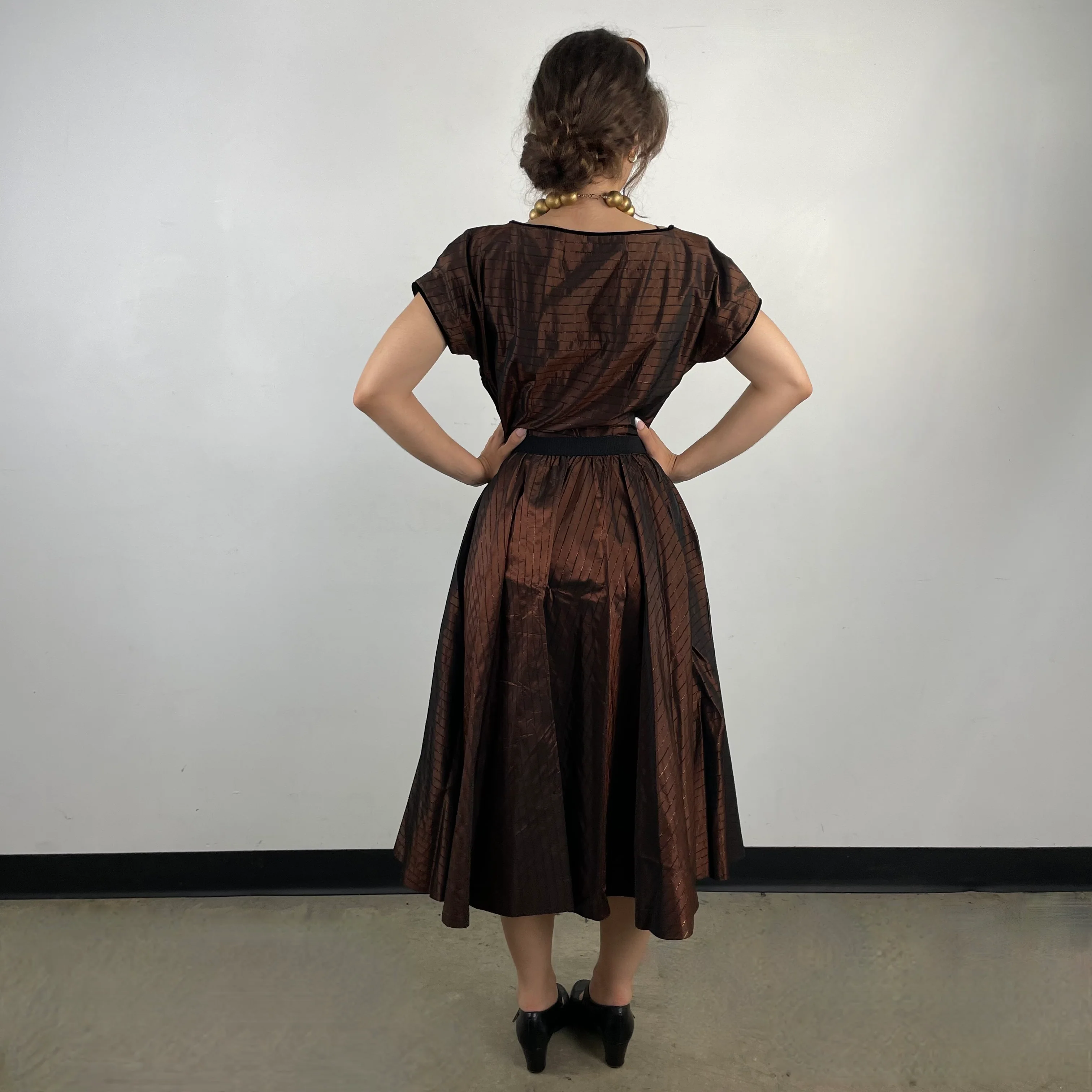 1950s Brown Striped Taffeta Full Skirt Dress Small - Image 4