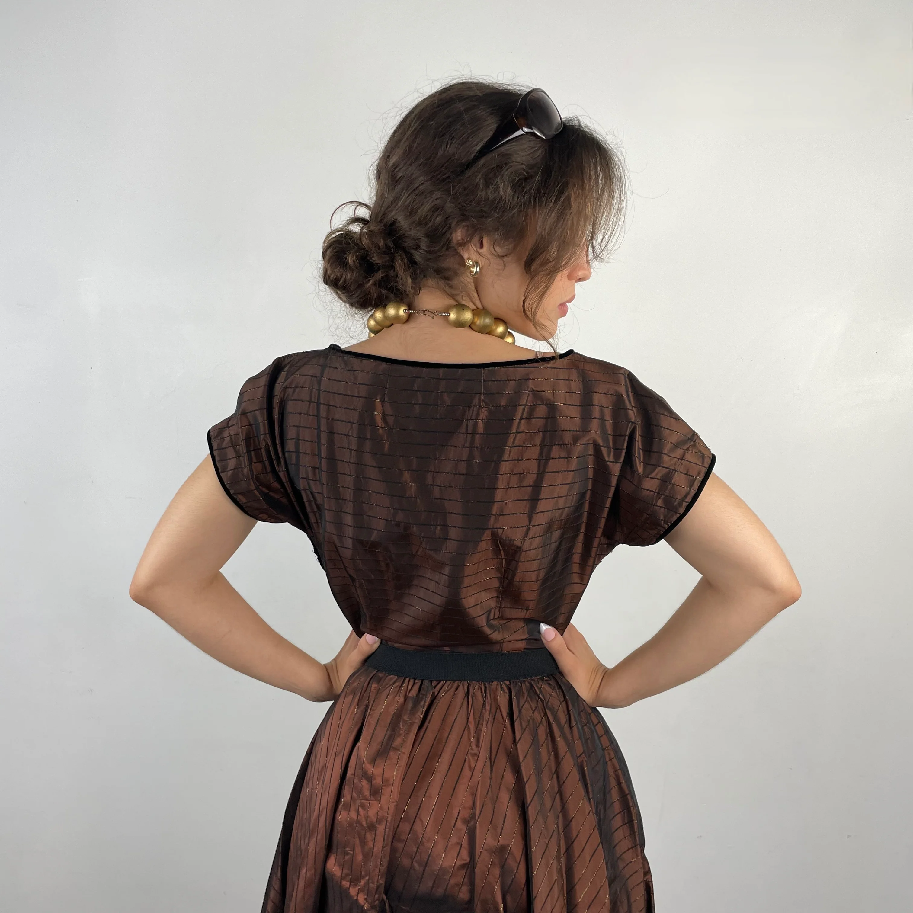 1950s Brown Striped Taffeta Full Skirt Dress Small - Image 5