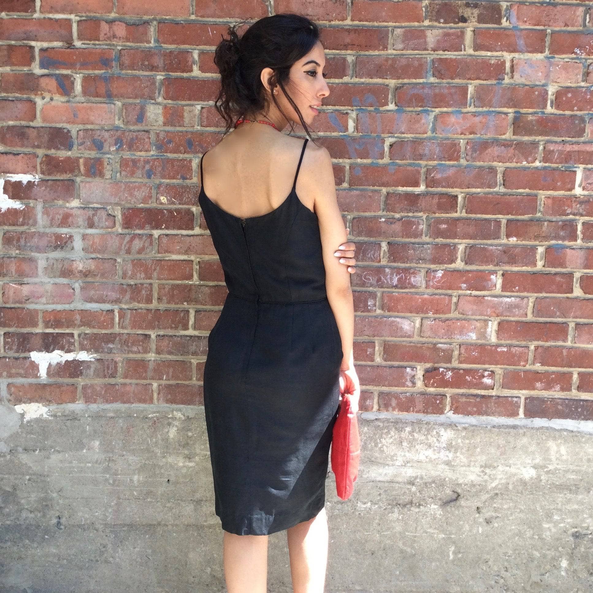 1950s Classic Black Silk Cocktail Dress Small - Image 7