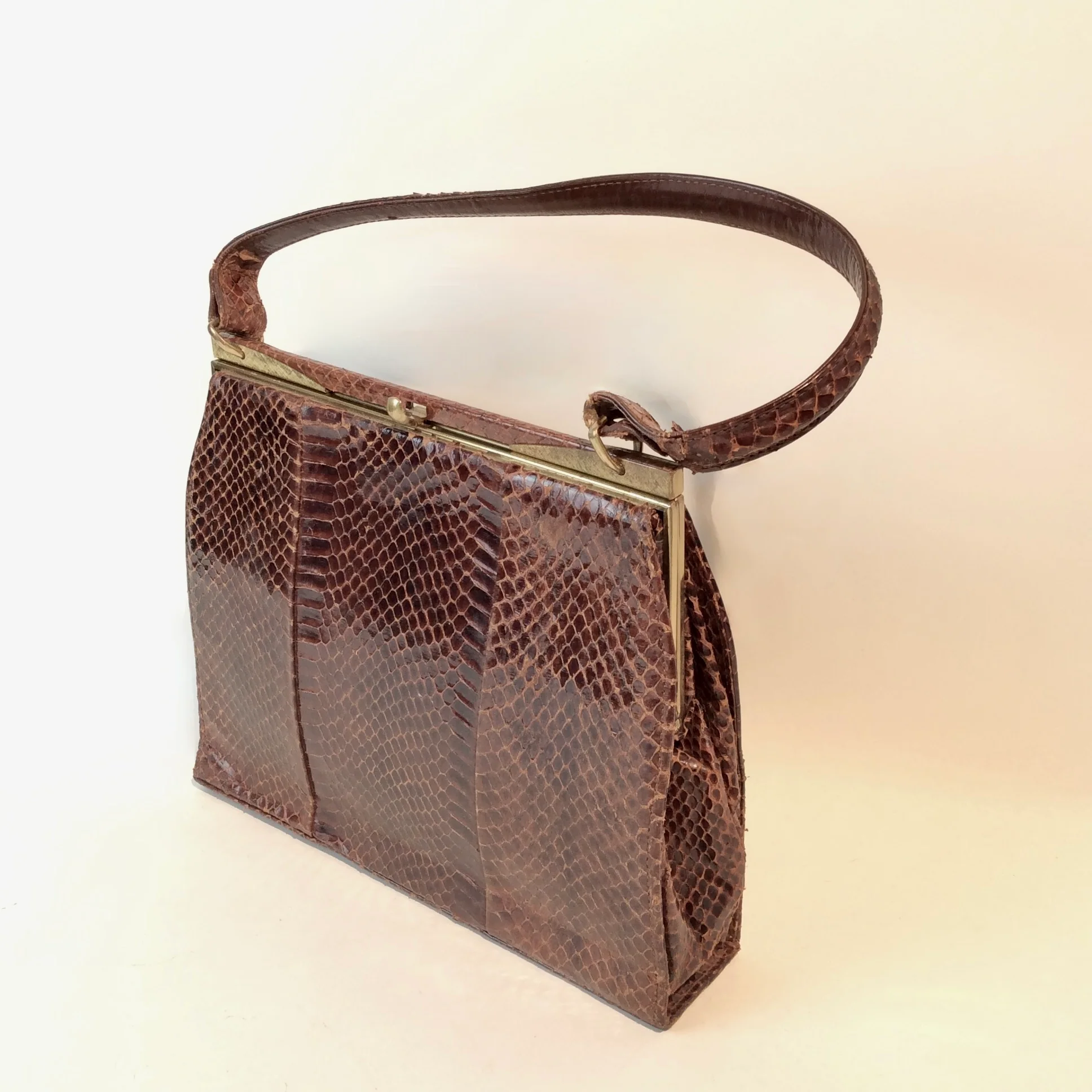 1950s Genuine Snakeskin Frame Handbag with Velvet Interior