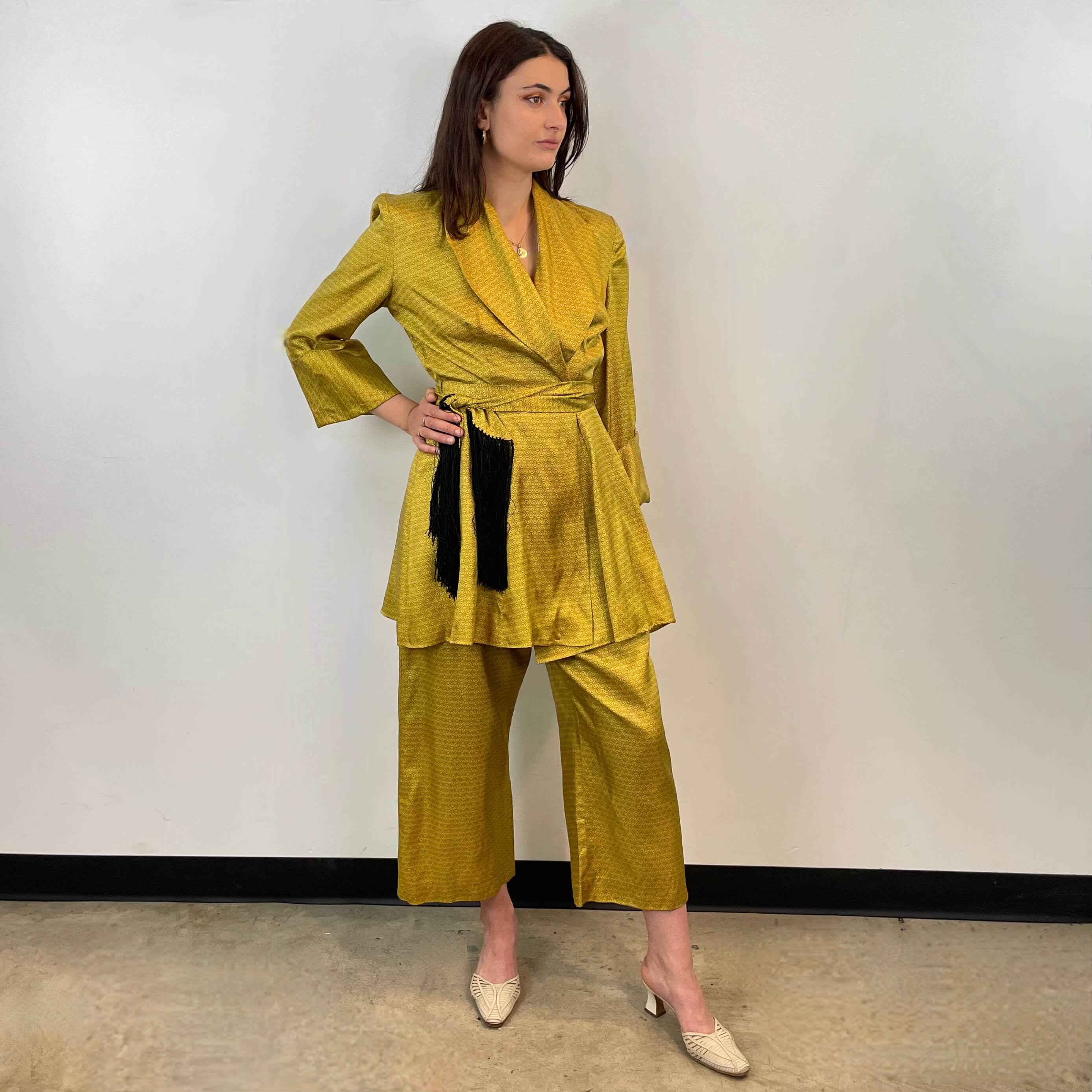 1950s Gold Satin Robe and Pants Loungewear Set Small/Medium