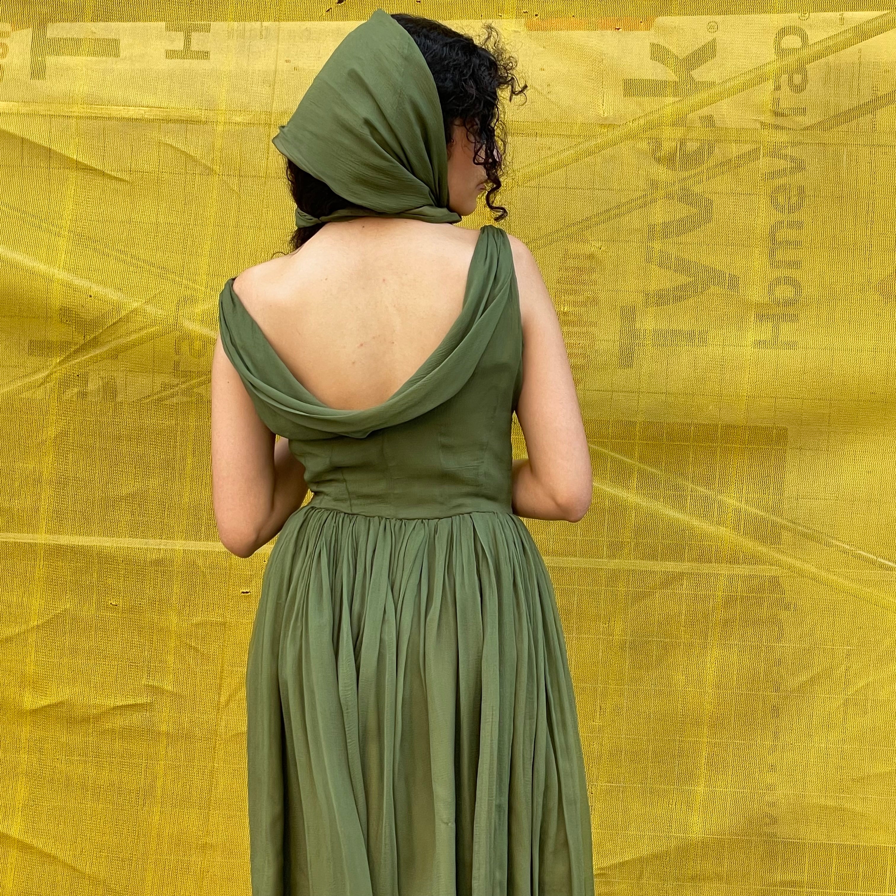 1950s Green Silk Chiffon Open-Back Cocktail Dress Small - Image 5