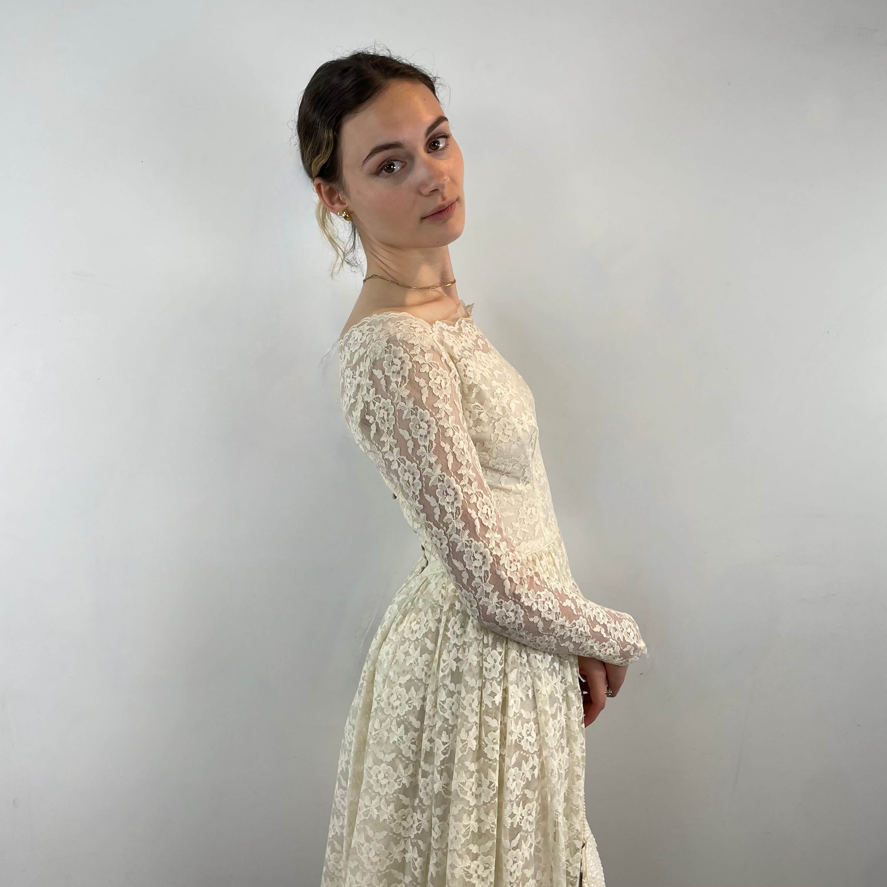 1950s Ivory Long Sleeve Lace Dress Extra-Small/Small - Image 3