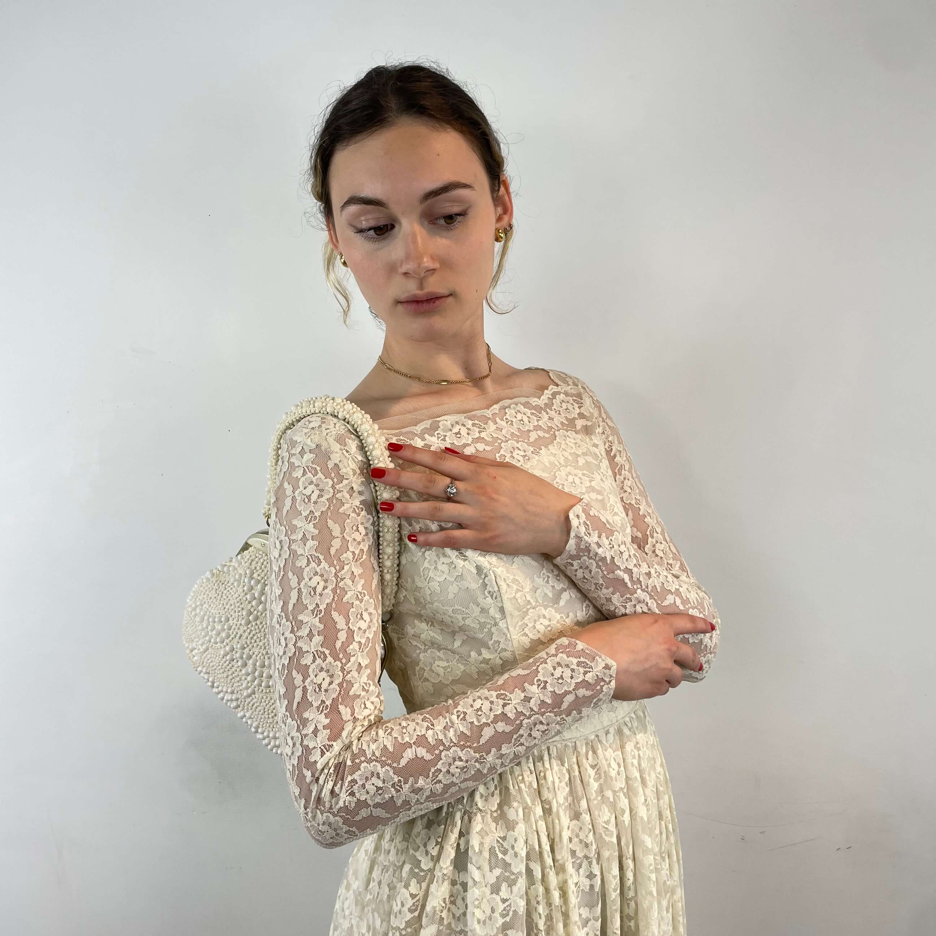 1950s Ivory Long Sleeve Lace Dress Extra-Small/Small - Image 4