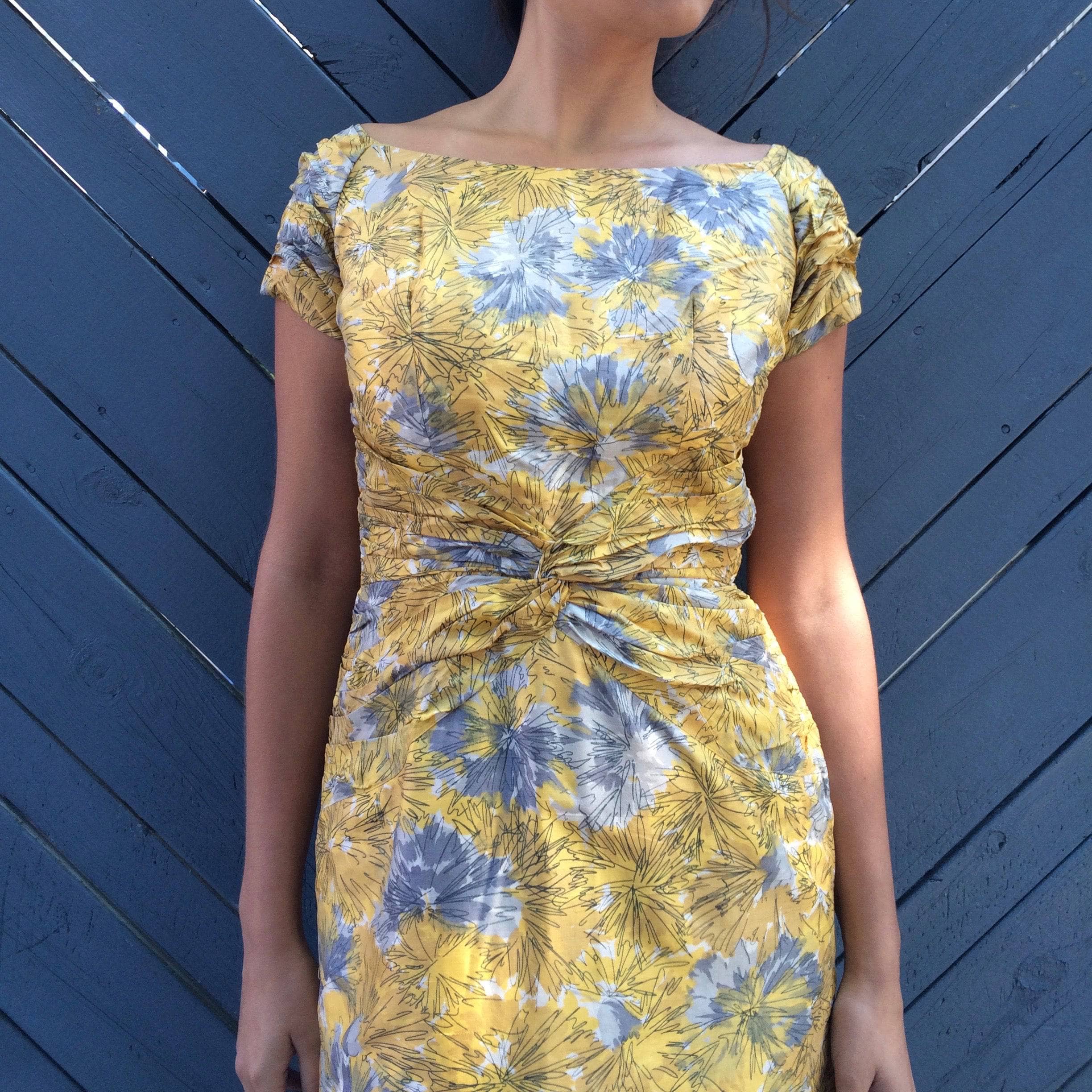1950s Jack Liebman Yellow Floral Print Silk Dress S/M - Image 4