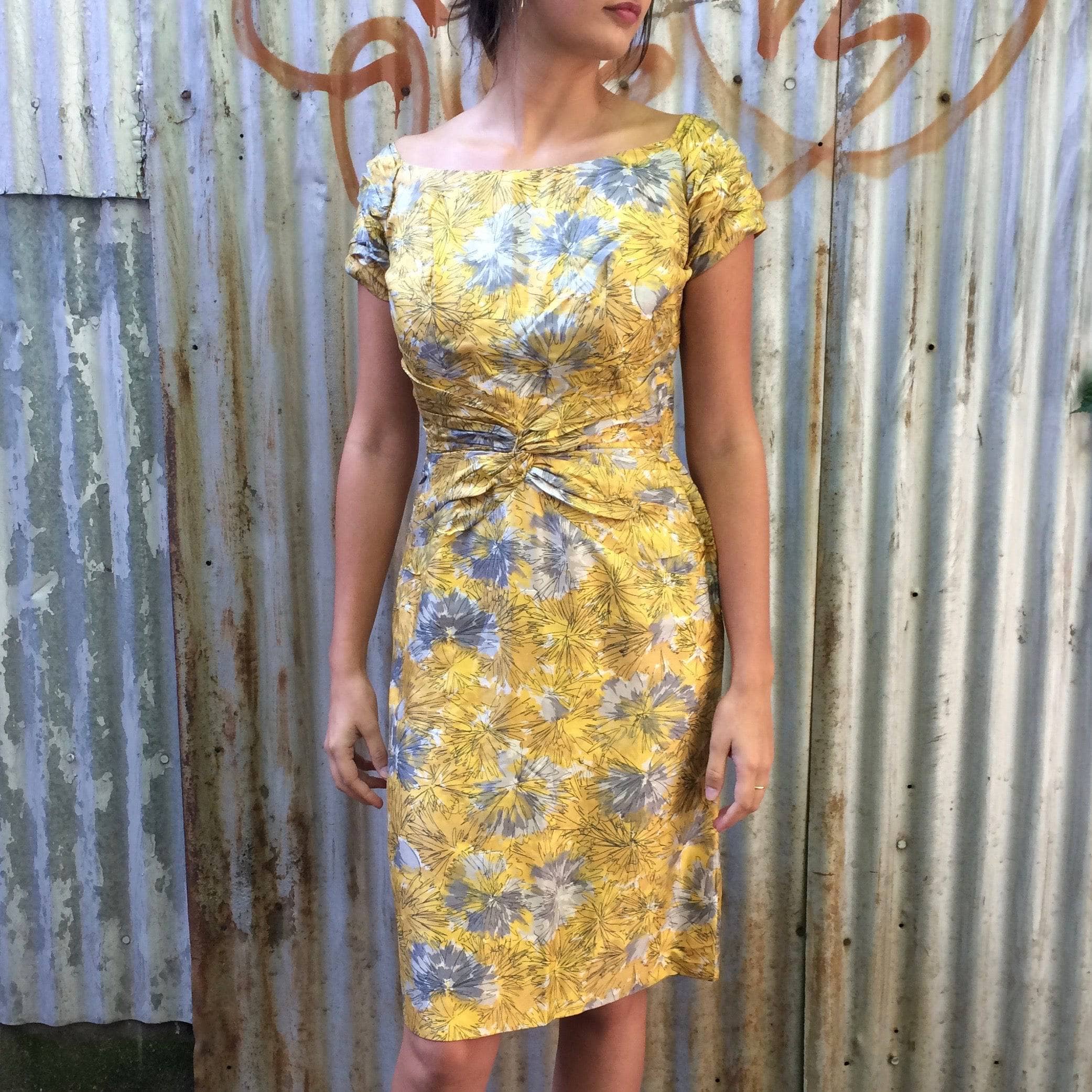 1950s Jack Liebman Yellow Floral Print Silk Dress S/M - Image 7