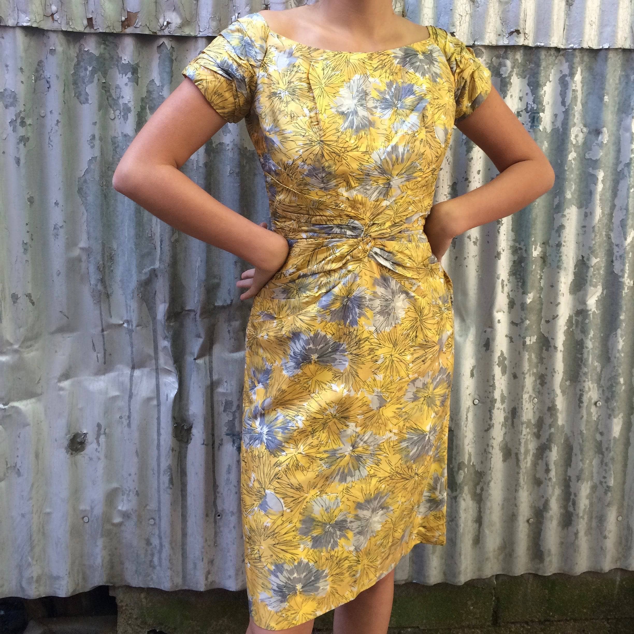 1950s Jack Liebman Yellow Floral Print Silk Dress S/M - Image 8