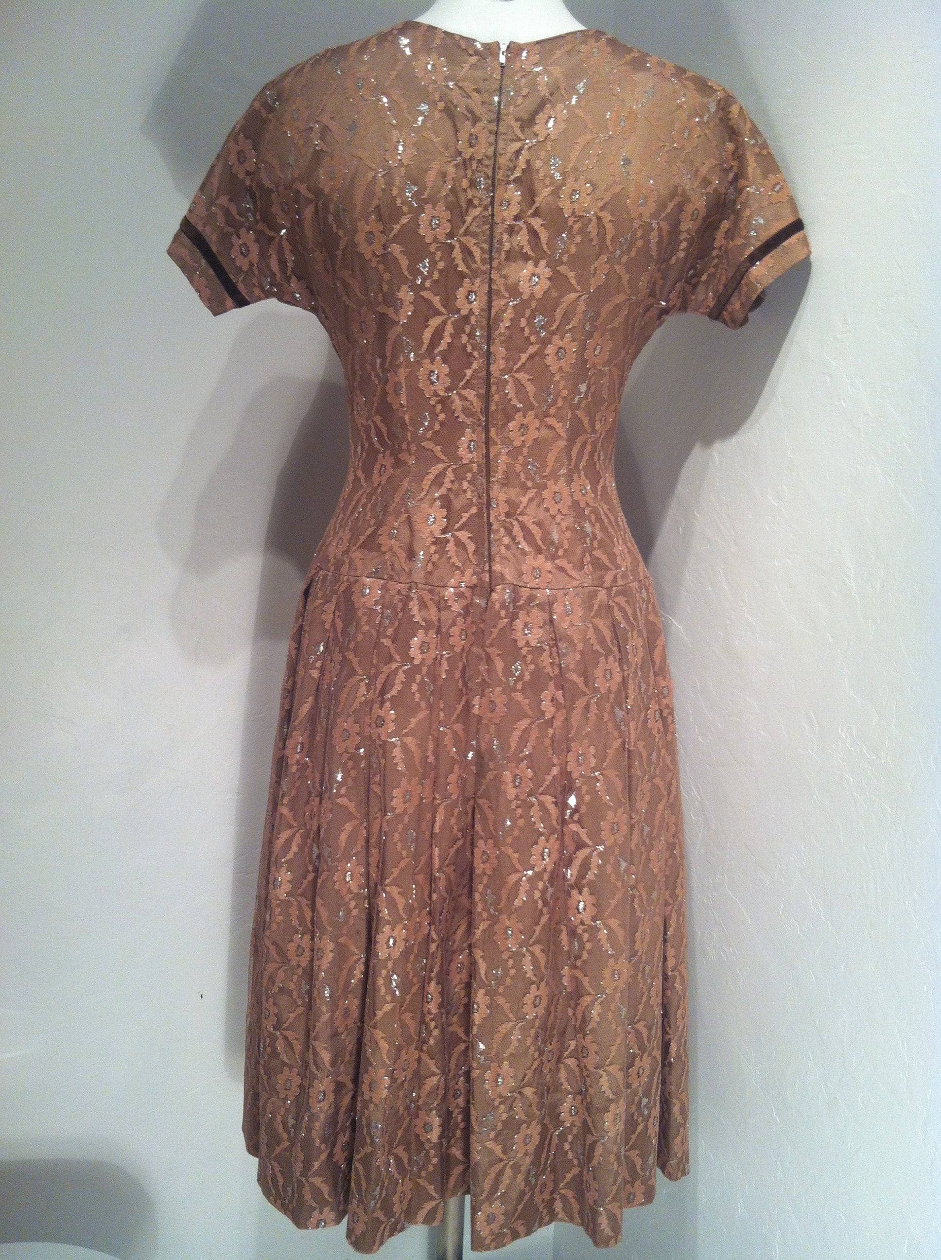 1950s Latte Colour Short Sleeve Lace Midi Dress Small - Image 4