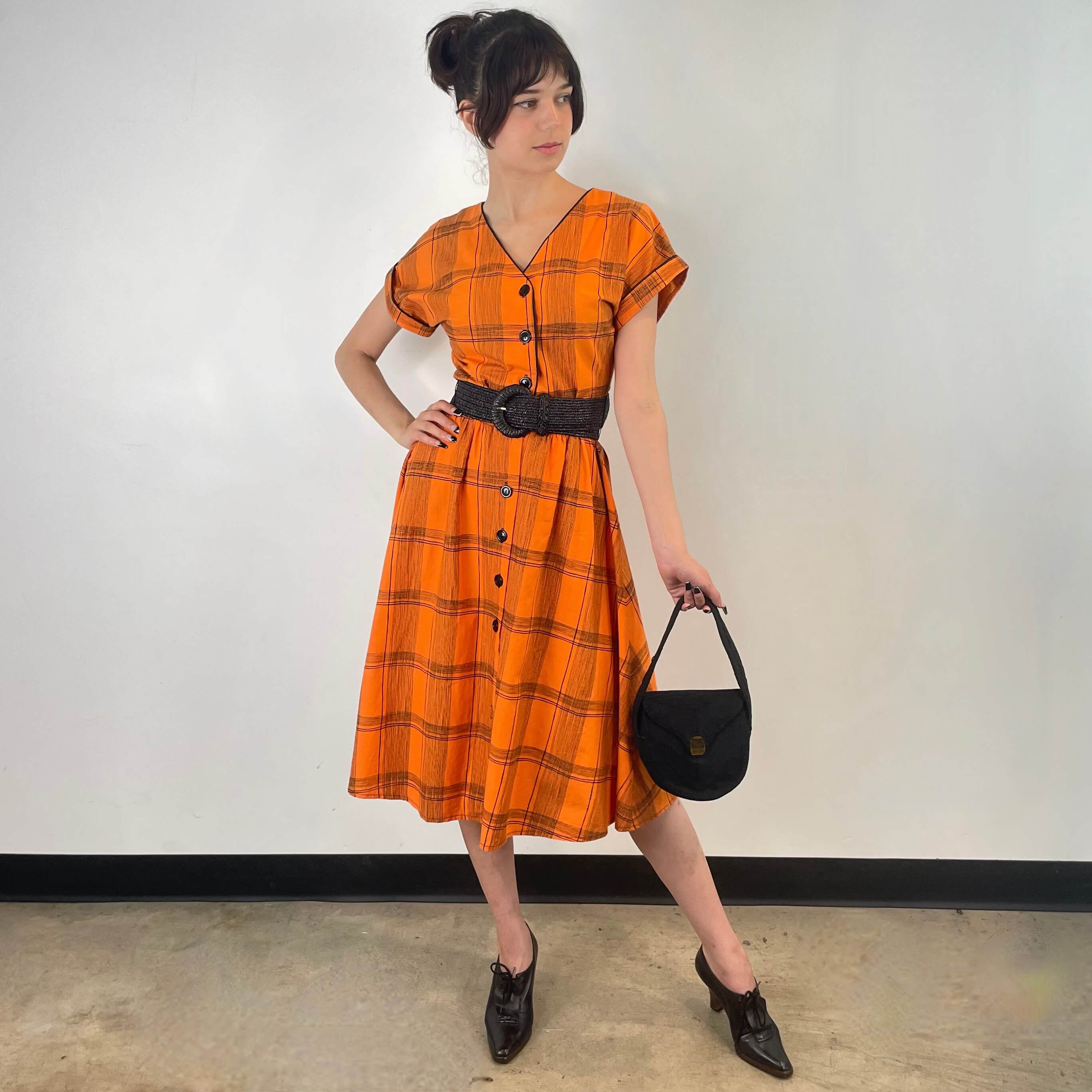 1950s Orange Short Sleeve Buttoned-up Cotton Dress Small