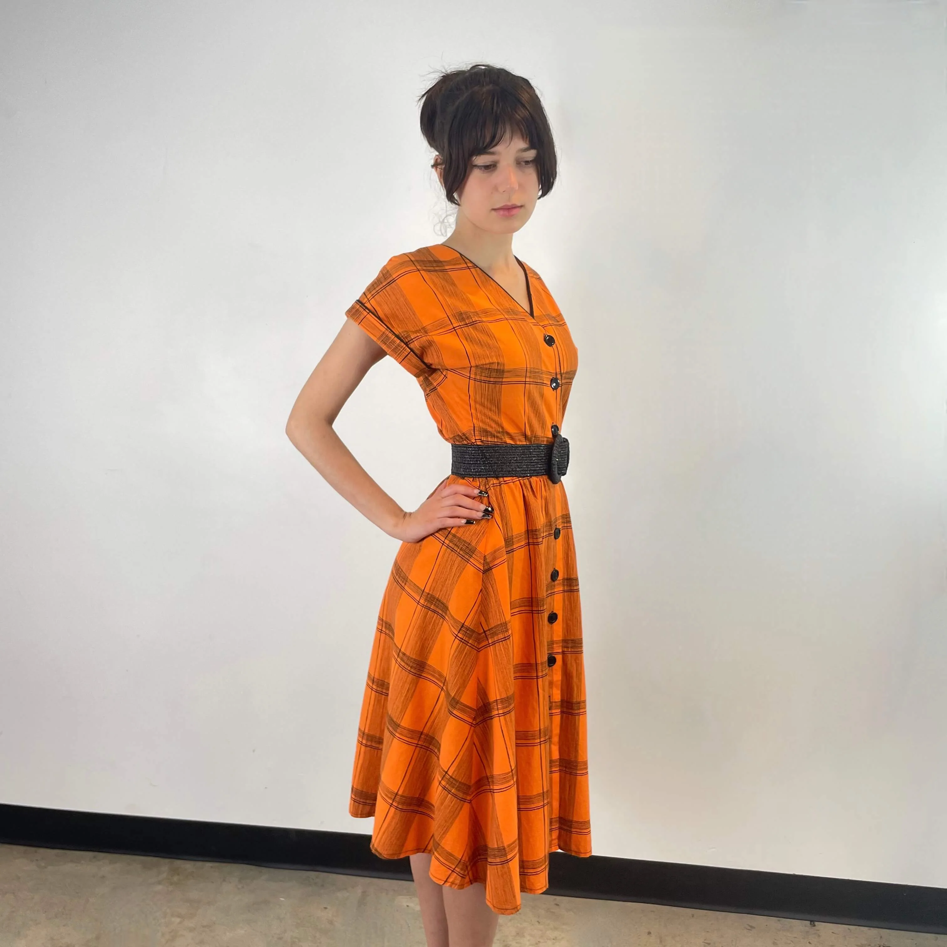 1950s Orange Short Sleeve Buttoned-up Cotton Dress Small - Image 2