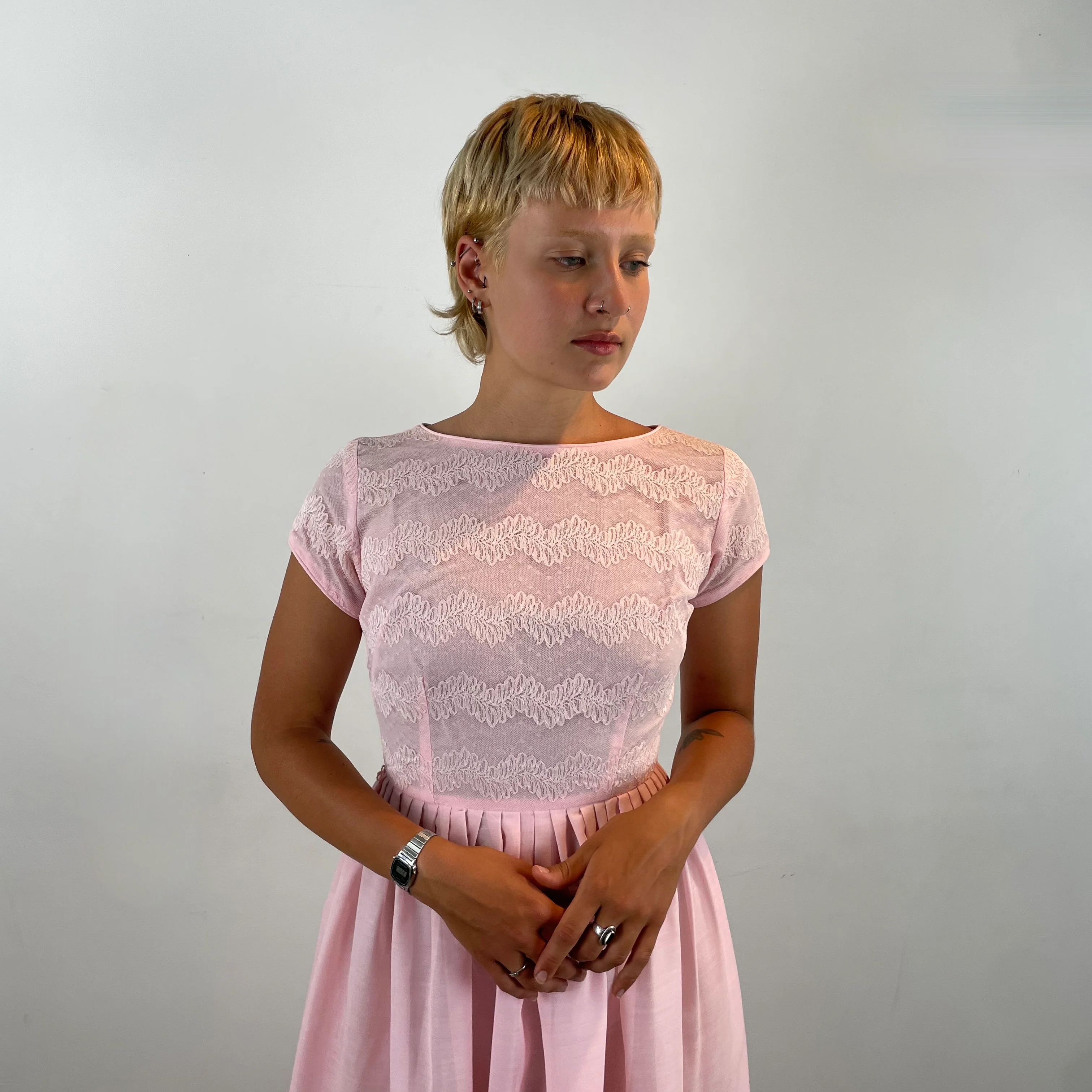 1950s Pink Short Sleeve Fit and Flare Dress Small - Image 4