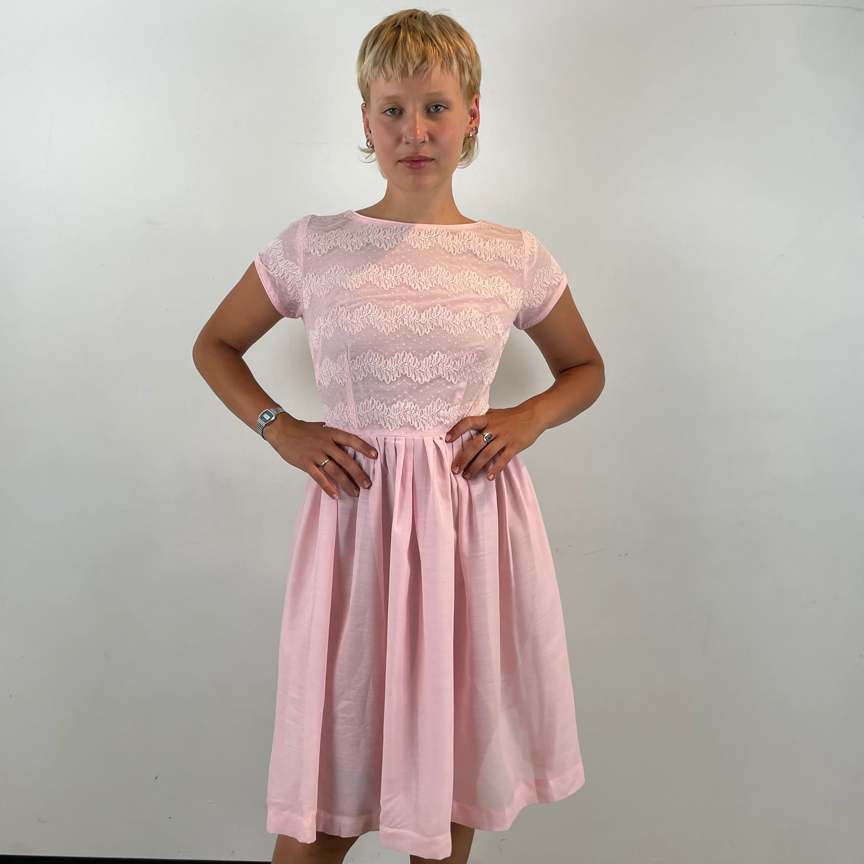 1950s Pink Short Sleeve Fit and Flare Dress Small - Image 5