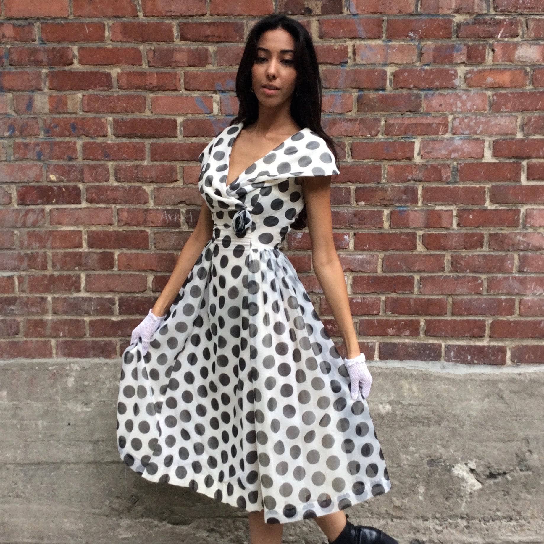 1950s Polka Dot Full skirt Midi Dress Small - Image 5