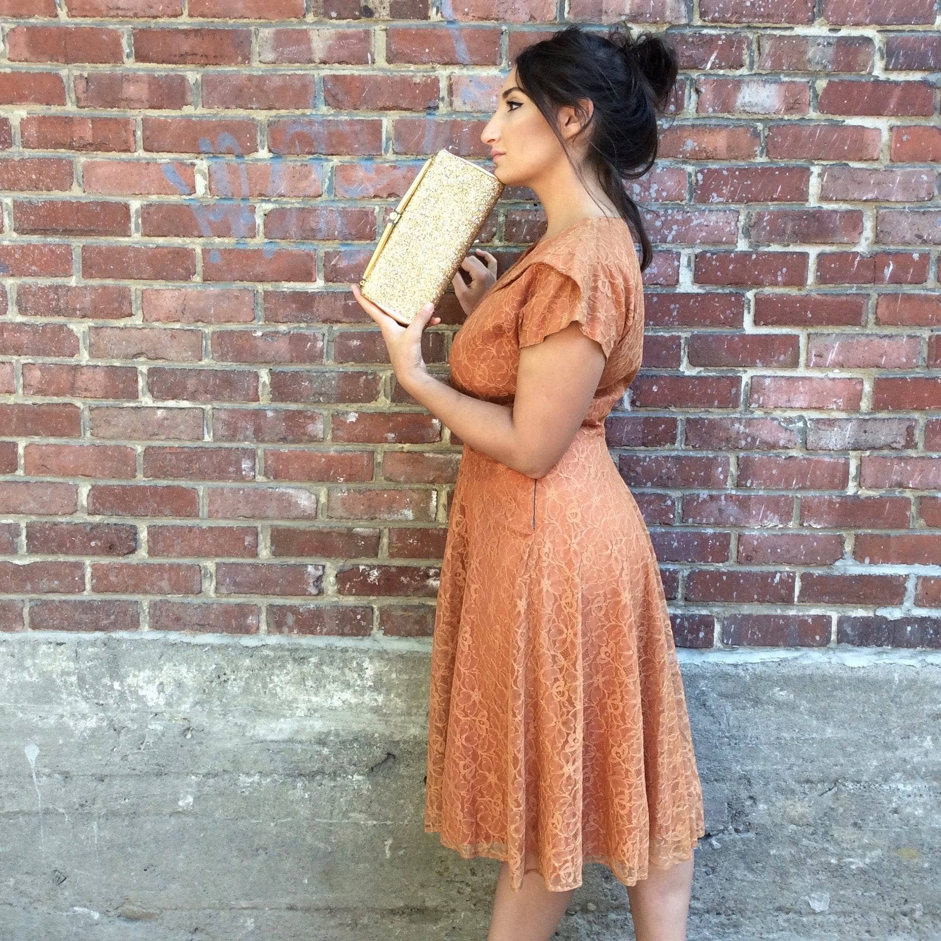 1950s Short Sleeve Copper Lace Dress Medium - Image 6
