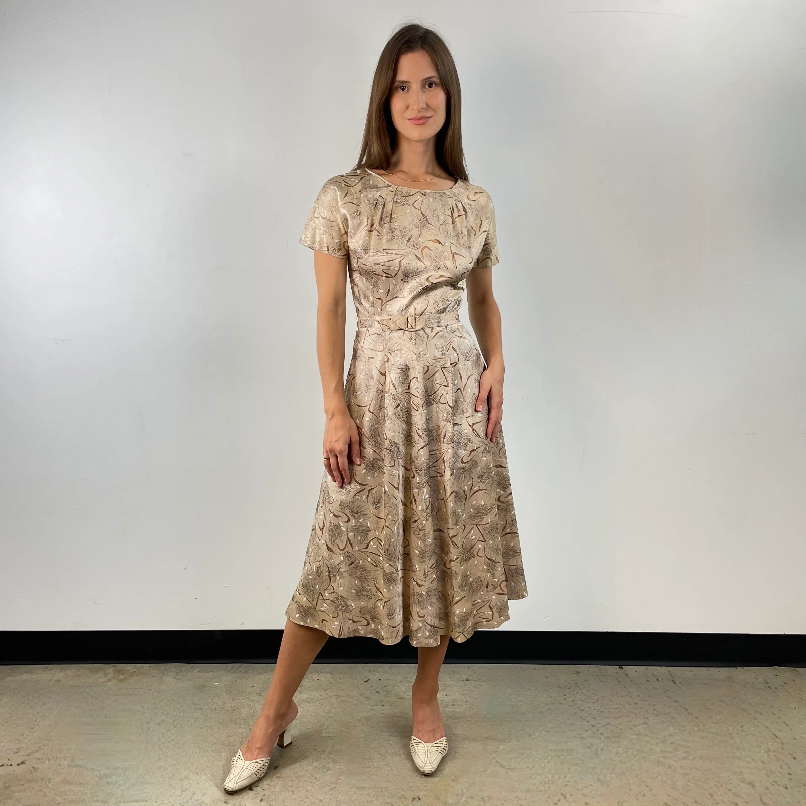 1950s Short-Sleeve Satin Flared Midi Dress X-Small / Small