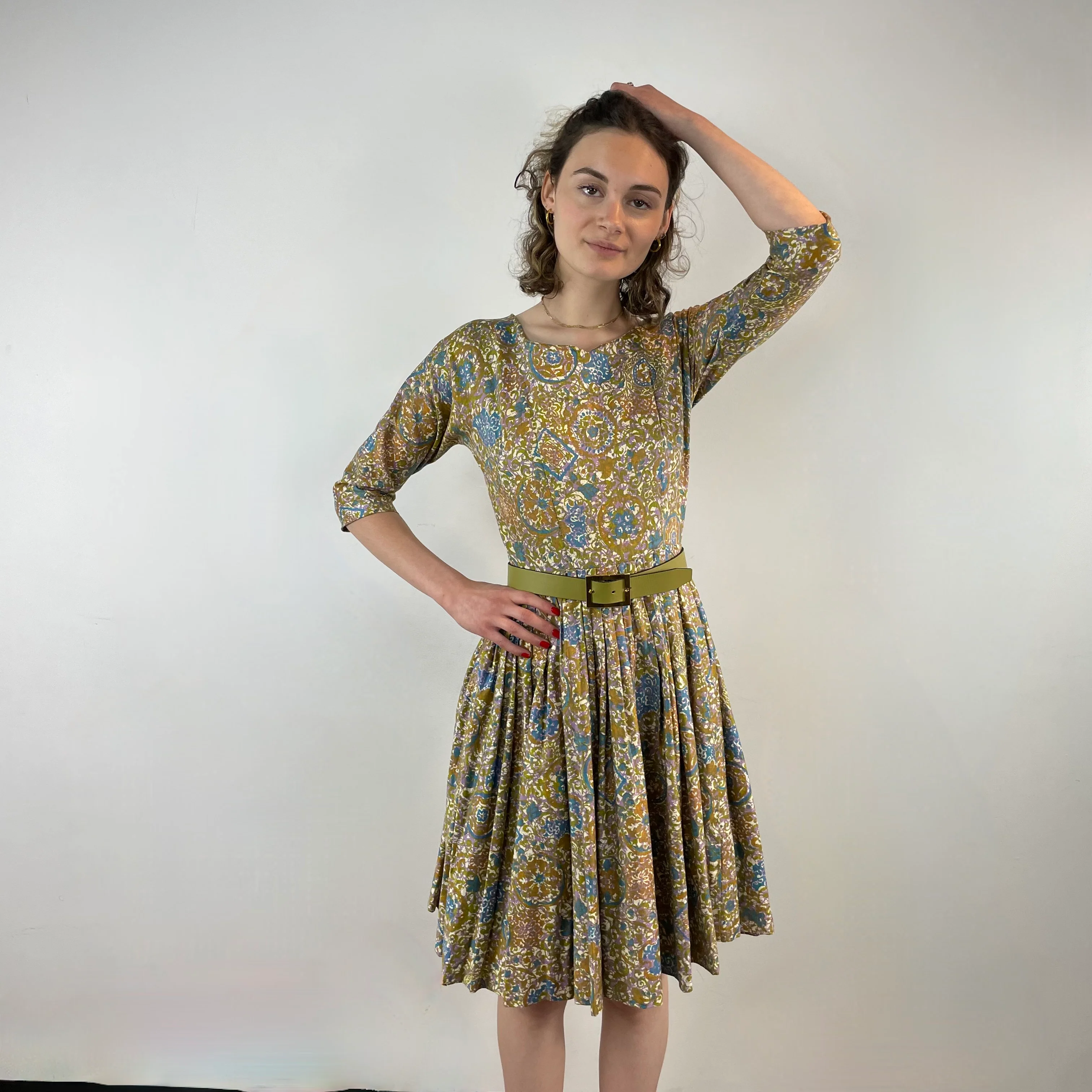 1950s Three Quarter Sleeve Cotton Dress Small