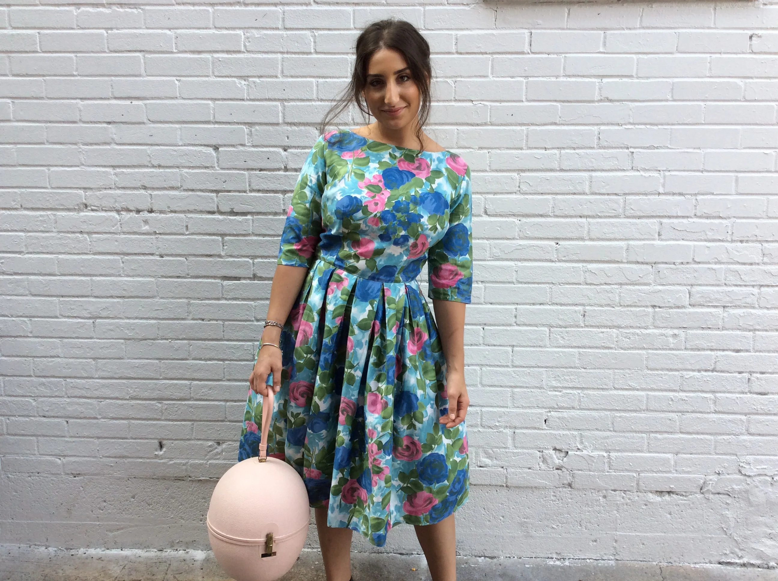 1950s Three Quarter Sleeve Floral Cotton Dress Medium - Image 6